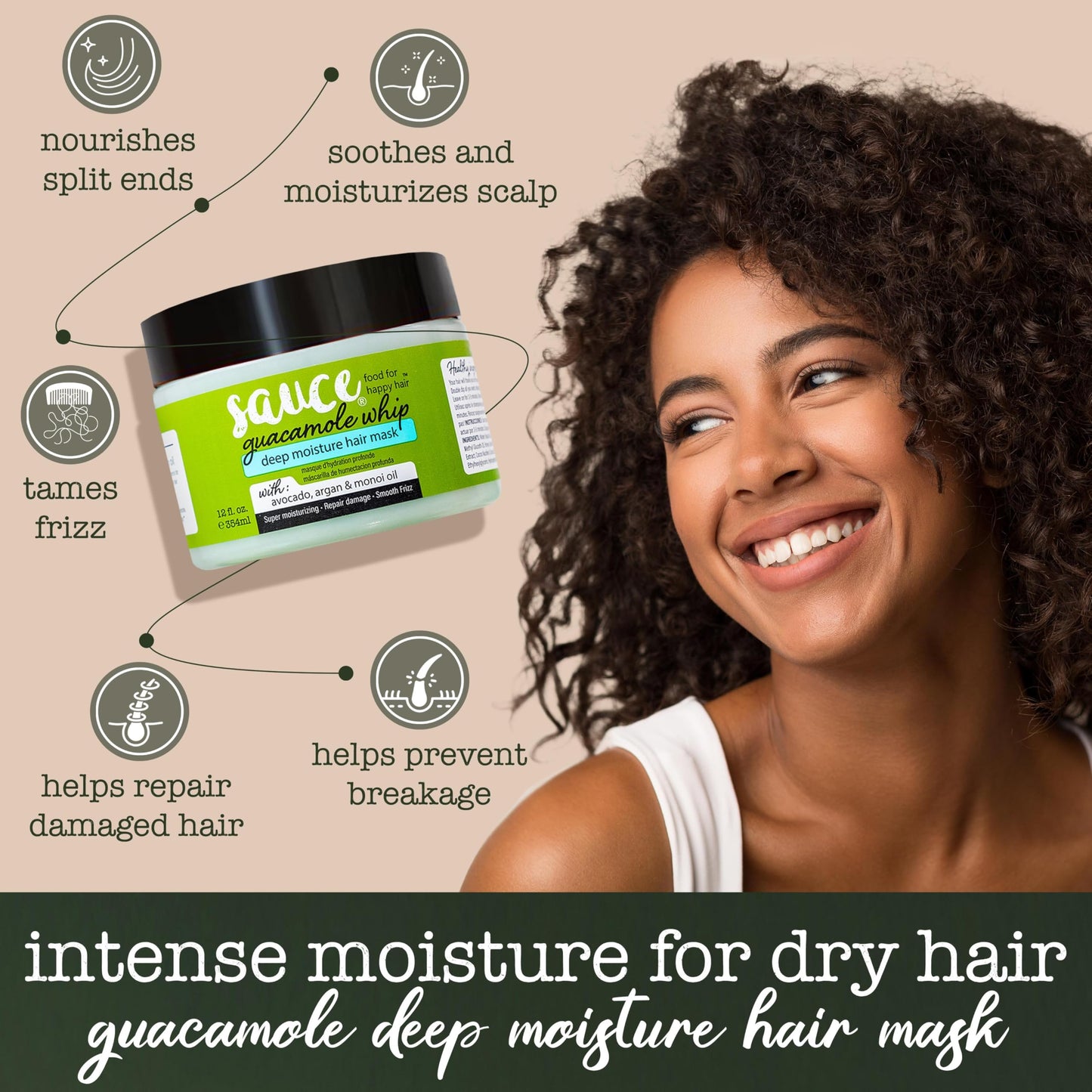 SAUCE BEAUTY Guacamole Whip Deep Conditioning Hair Mask w/ Avocado, Honey & Argan Oil – Restores Dry, Damaged & Frizzy Hair, 12 Fl Oz