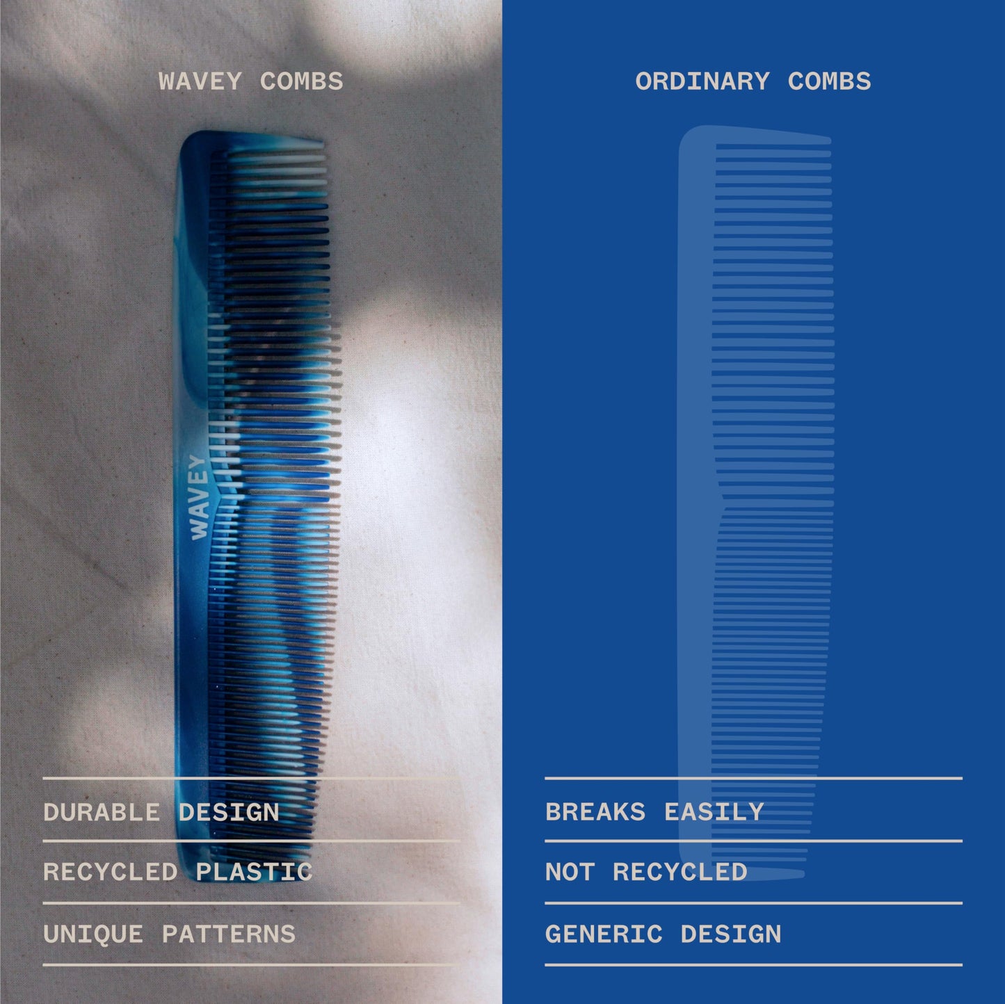 WAVEY 7" Hair Comb for Men & Women - Wide & Fine Tooth Comb for Thick, Thin, Curly, Straight Hair - Recycled Ocean Plastic, Travel-Friendly, Blue