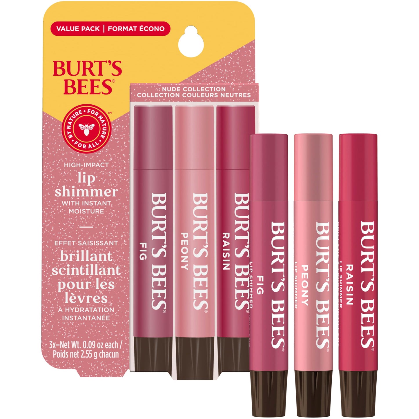 Burt's Bees Lip Shimmer Nude Collection - Tinted Moisturizing Lip Balm, Natural Hydration & Glow, Buildable Color, 3 Pack x 0.09 Oz