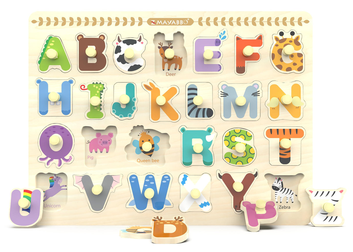 Wooden Alphabet Peg Puzzle for Toddlers – Knob Board, ABC Shape & Learning Toy, Chunky Preschool Puzzle for Boys & Girls Ages 2-4
