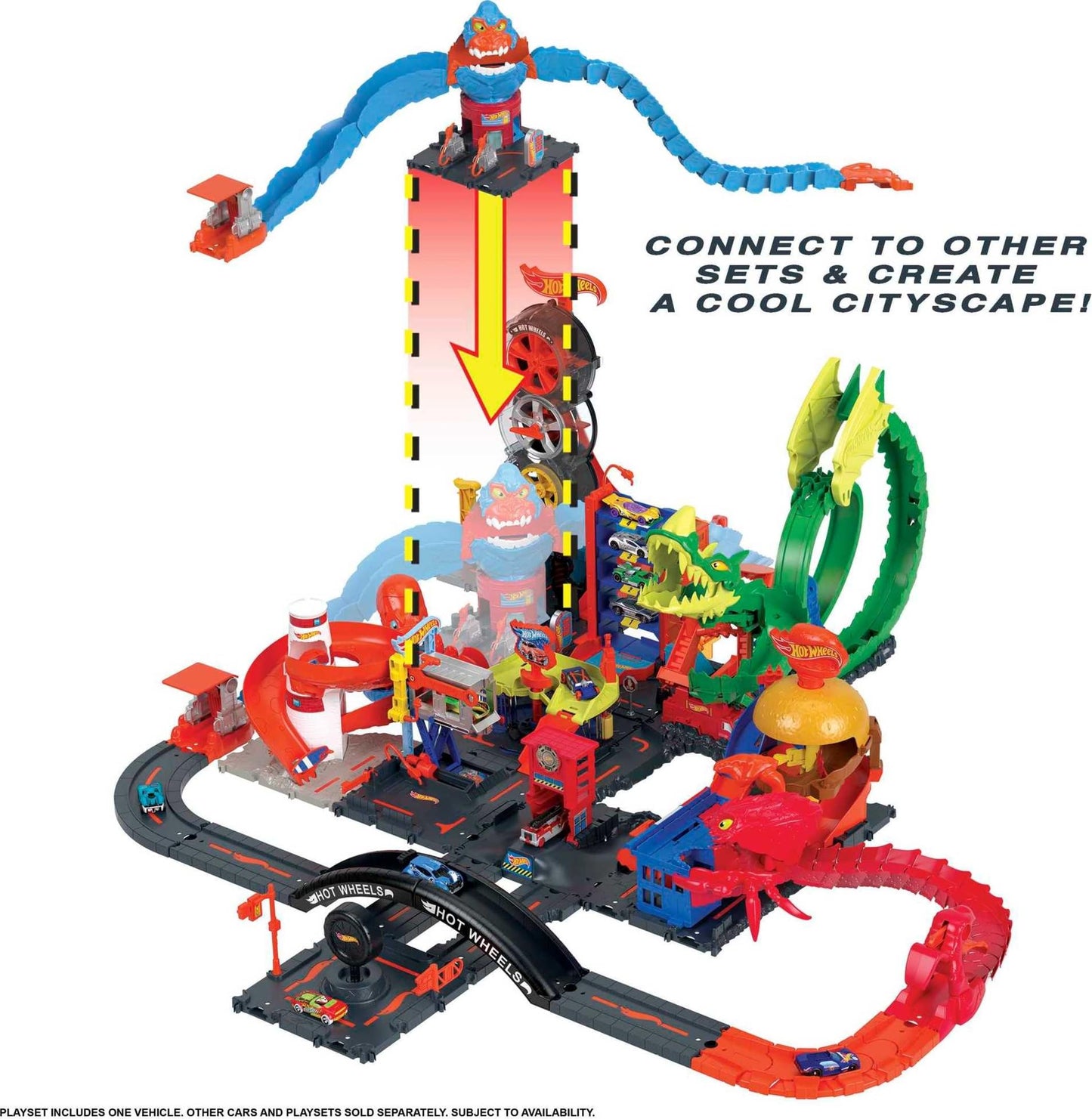 Hot Wheels City Wreck & Ride Gorilla Attack with 1 Car, Connects to Other Sets, Gas Station-Themed Set, Gift for Kids 4 to 8 Years Old