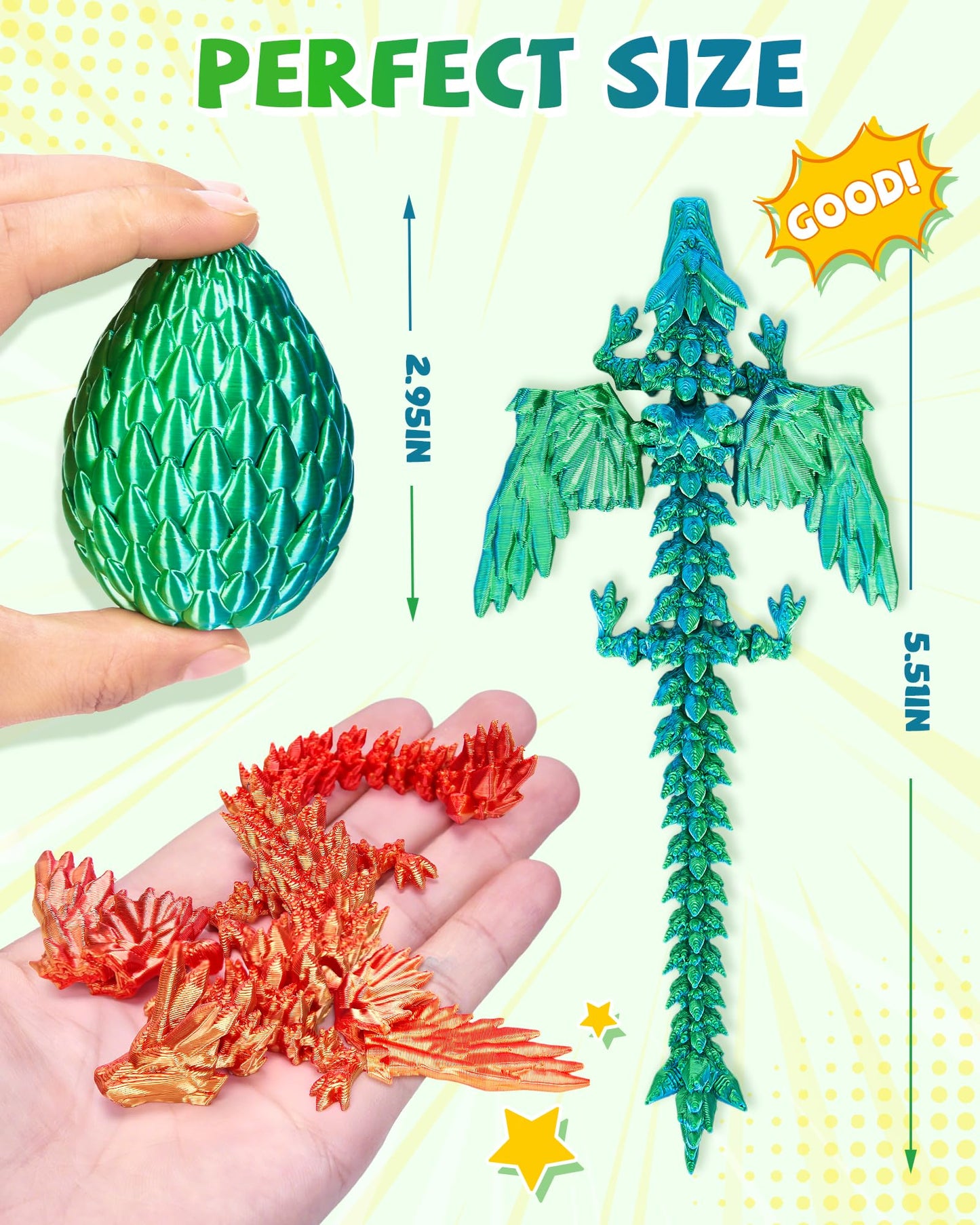 TBOLINE 4-Pack 3D Printed Dragons with Wings & Surprise Eggs, Articulated Flying Dragon Toys for Kids Ages 4-10, Boys & Girls Fidget Fun