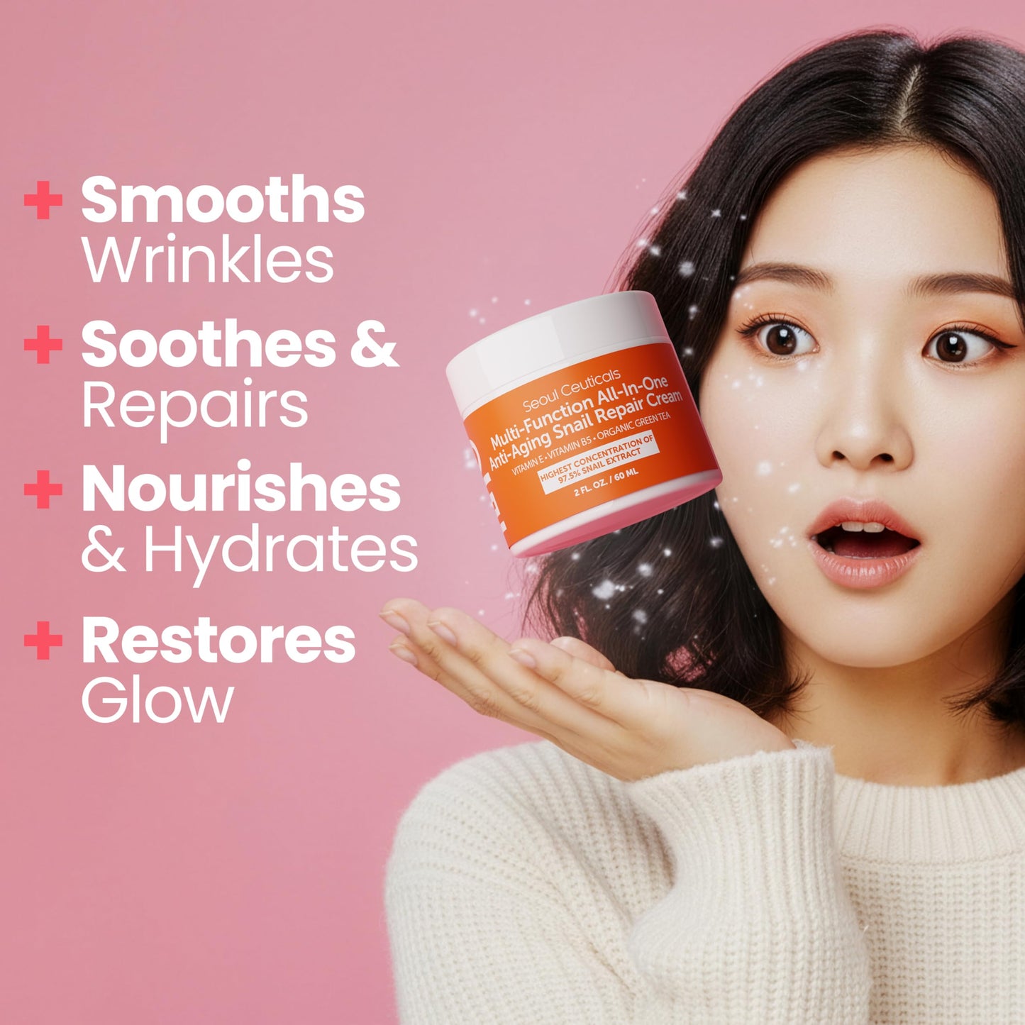 SeoulCeuticals Korean Skin Care 97.5% Snail Mucin Moisturizer Cream - K Beauty Skincare Day & Night Snail Repair Cream Filtrate Cruelty Free 2oz