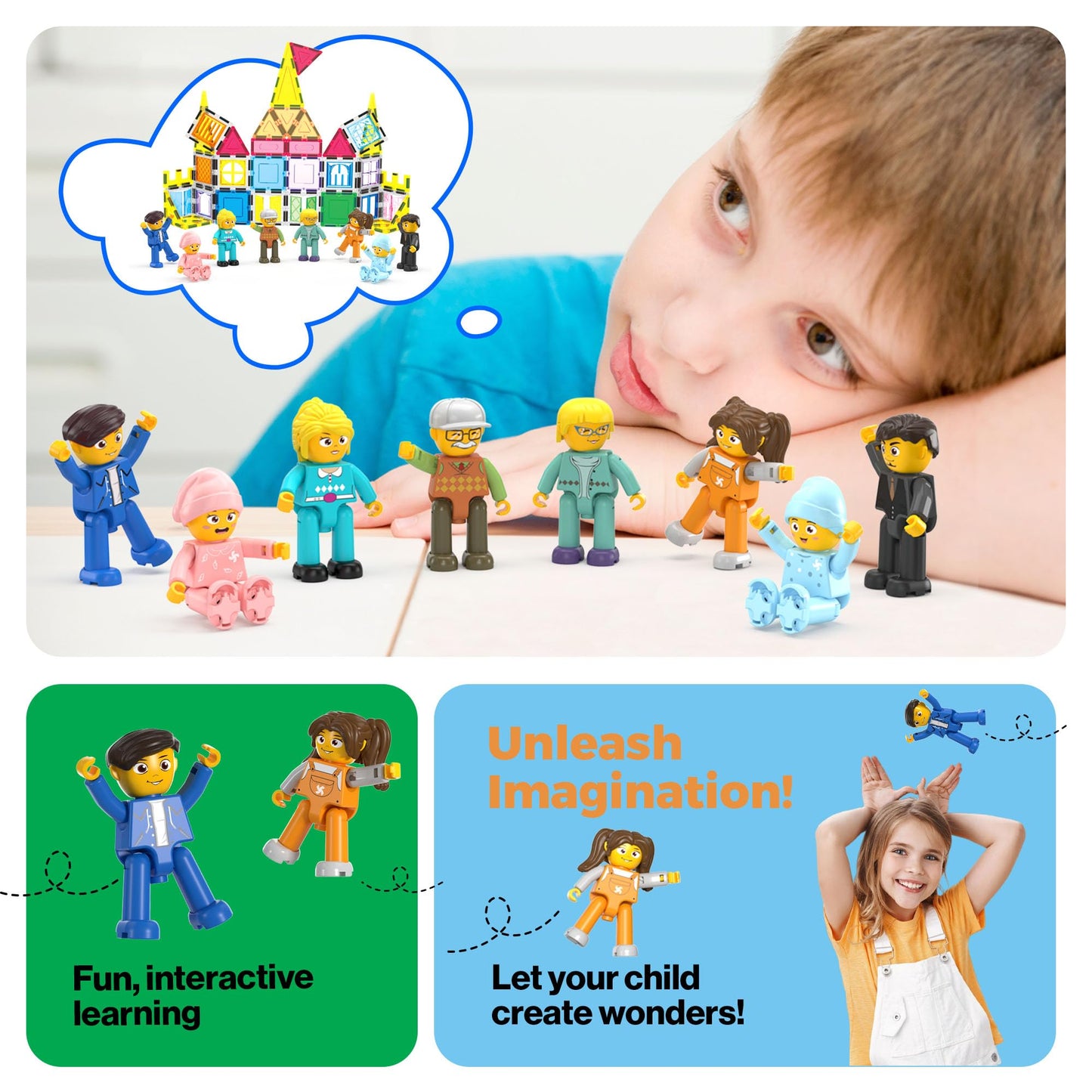 PicassoTiles 8-Piece Magnetic Action Figures Set – Family Characters for STEM, Creative Play & Magnet Tile Building Expansion, PTA11
