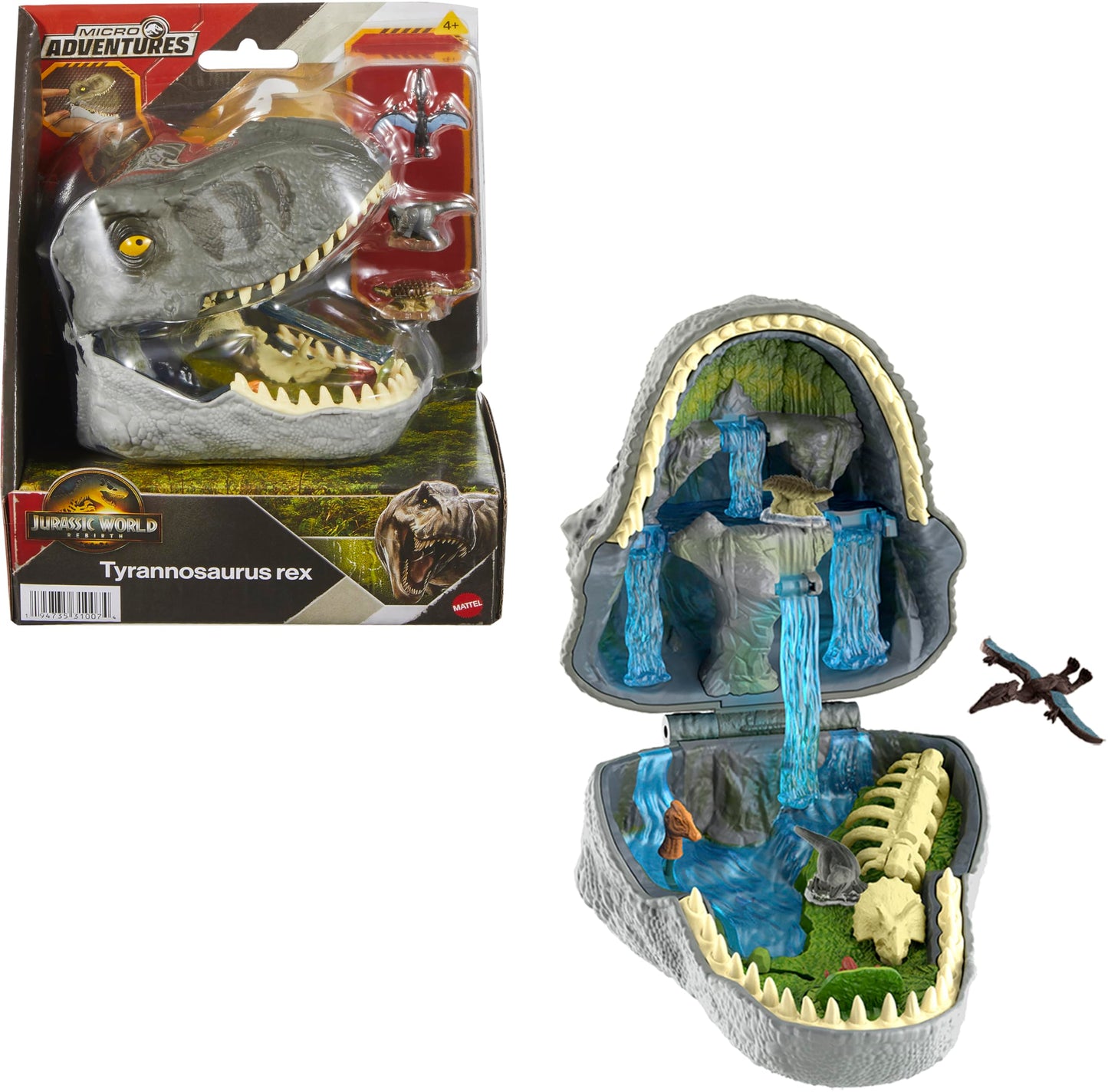 Mattel Jurassic World Rebirth Micro Adventure Playset, Tyrannosaurus Rex Head Opens to 4 Interactive Features, 3 Micro Figures, T. Rex Dinosaur Toy
