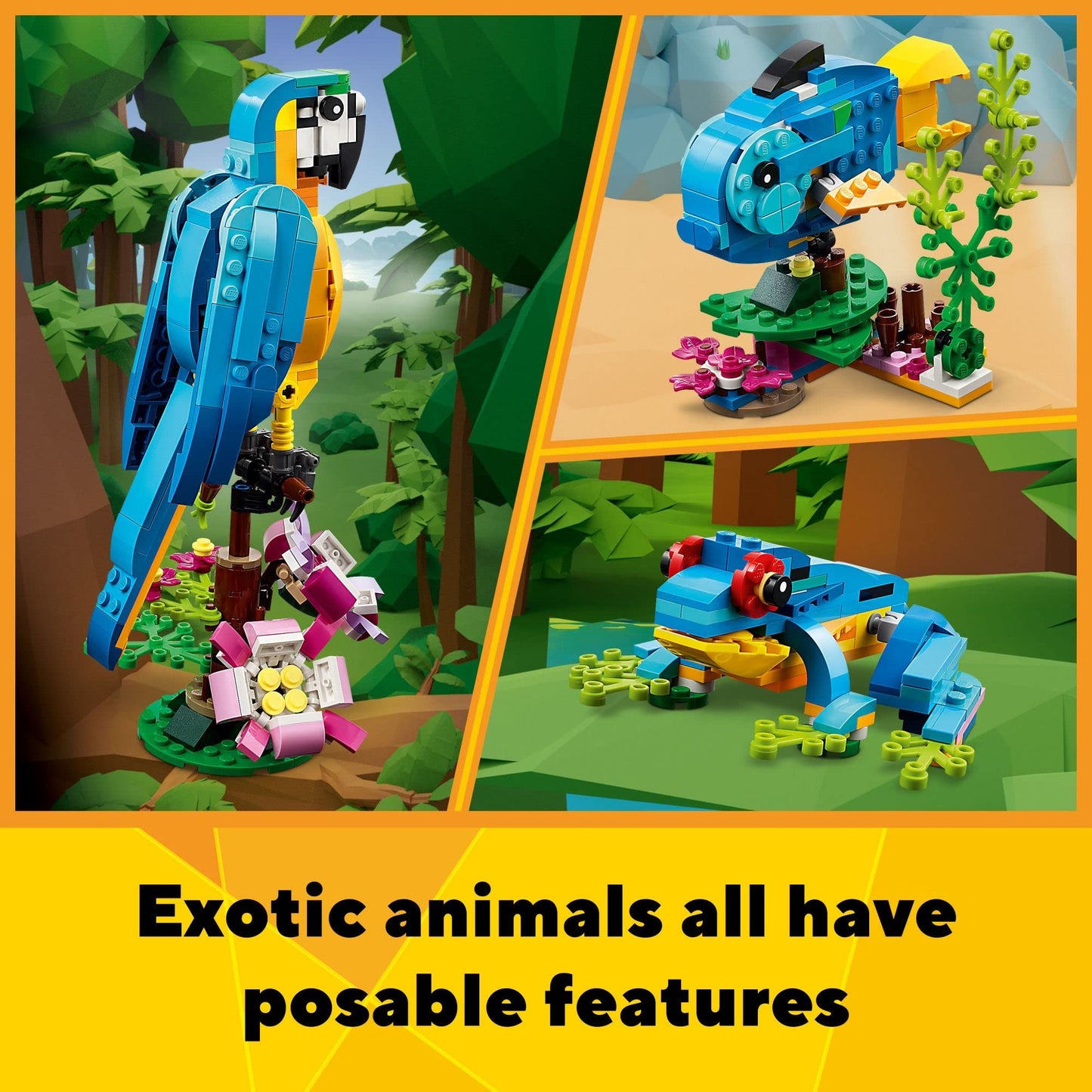 LEGO Creator 3-in-1 Exotic Parrot Toy Set – Build Parrot, Fish & Frog, Creative Transforming Animals for Kids 7+, Set 31136