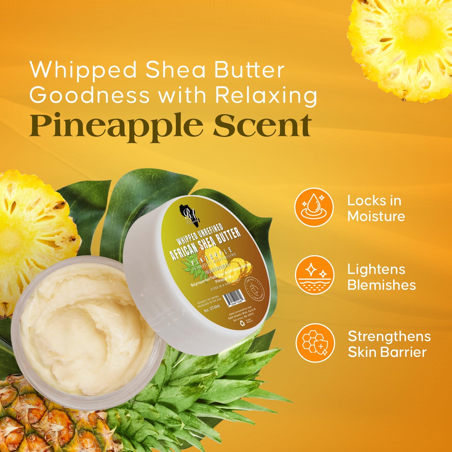 RA COSMETICS Whipped Shea Butter Pineapple 6oz – 100% Pure Natural African Shea Butter, Handcrafted Moisturizer with Vitamins for Skin