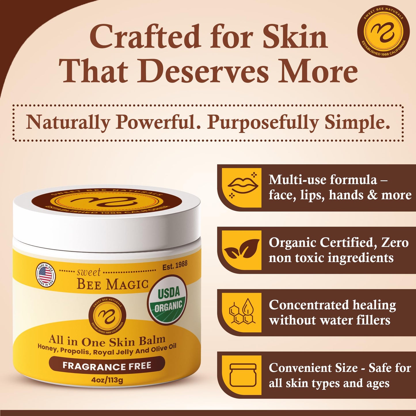 Sweet Bee Magic Organic Healing Balm - All-in-One Beeswax Cream for Dry Skin, Face & Body Moisturizer, Natural & Certified Organic, 4oz Jar
