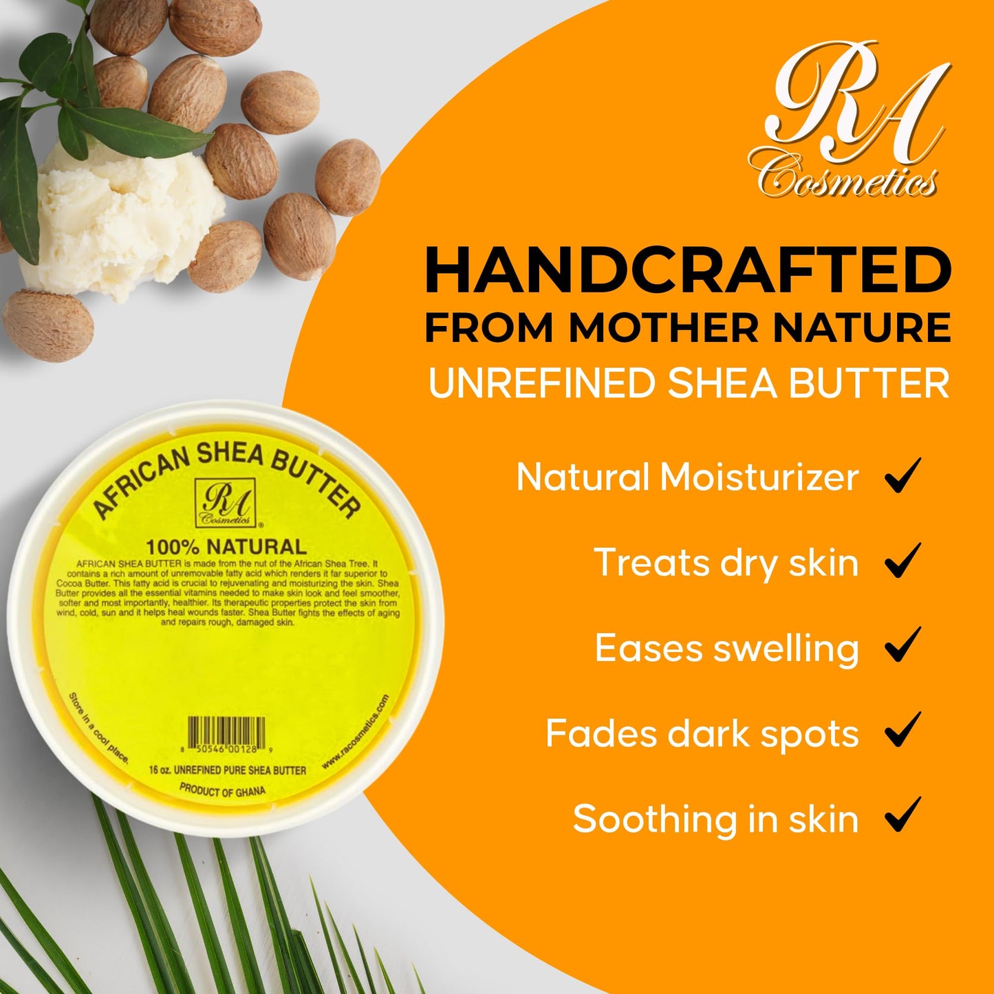 RA Cosmetics 100% Pure Golden African Shea Butter - Unrefined, Raw, Head-to-Toe Moisturizer for Skin & Hair, 16oz, Sourced Ghana