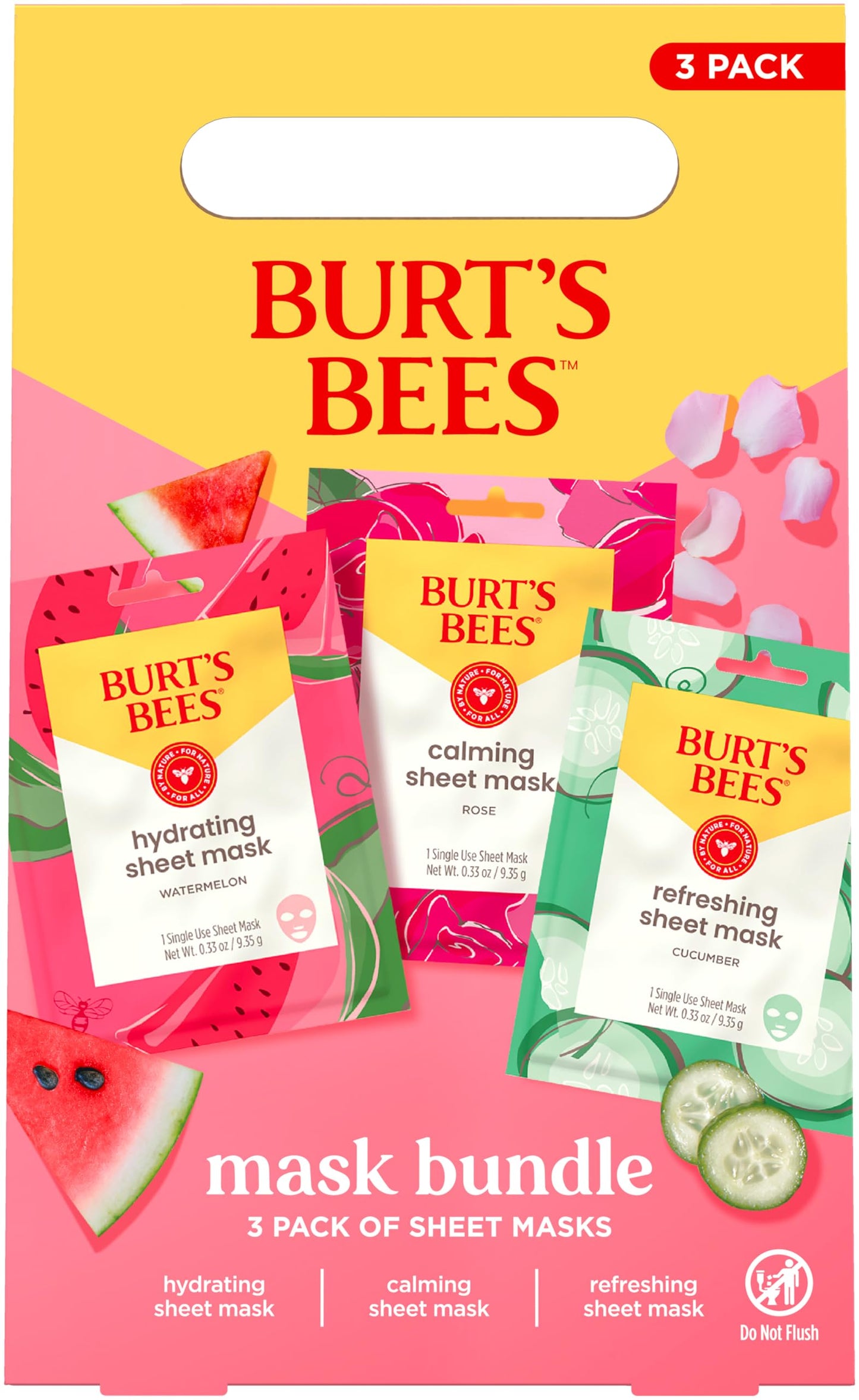 Burt's Bees Holiday Face Mask Set – Hydrating Watermelon, Calming Rose & Refreshing Cucumber Sheet Masks, 3 Single-Use, 99% Natural, 0.33oz Each