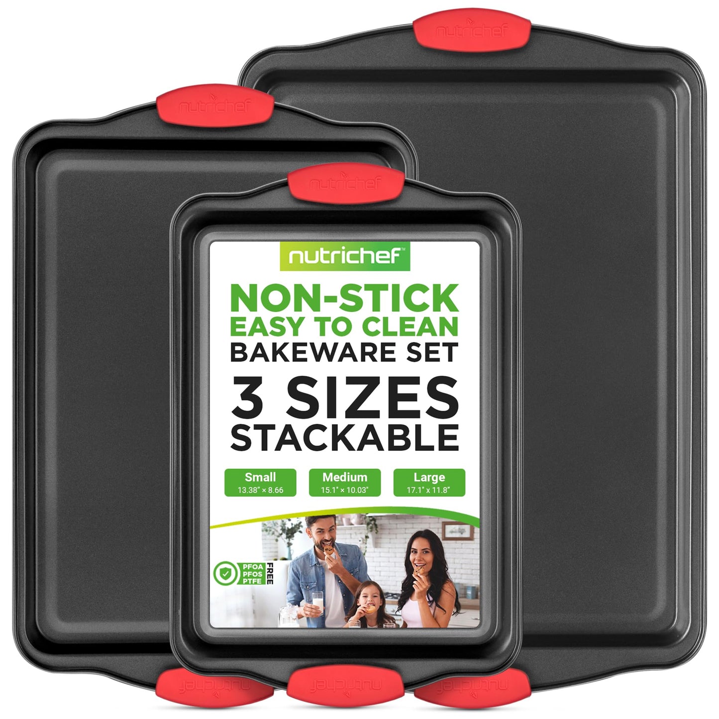 NutriChef 3-Pc Nonstick Baking Pan Set – Commercial-Grade Steel Bakeware with Red Silicone Handles, Easy-Clean, Oven Safe, NCSBS3S Ask ChatGPT