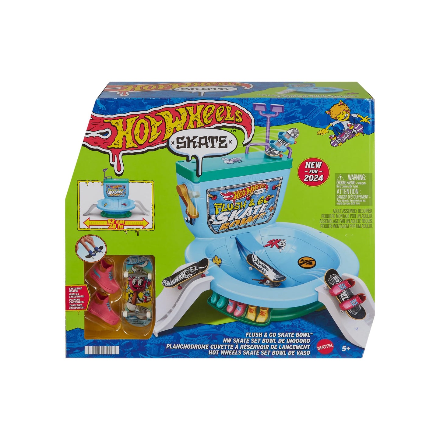 Hot Wheels Skate Fingerboard Flush & Go Skate Park with Toilet Theme, 1 Exclusive Board, 1 Pair of Shoes & Sticker Sheet
