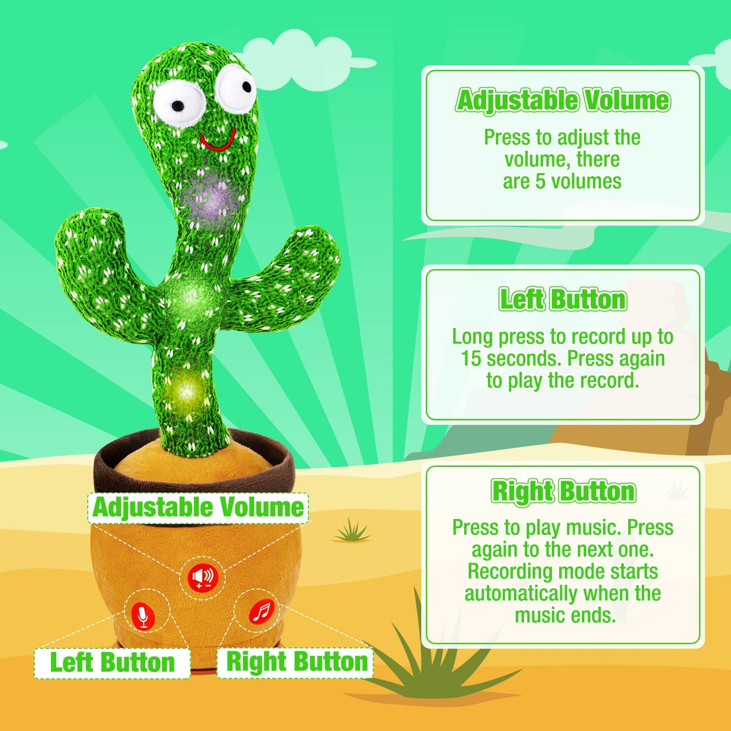 Ayeboovi Dancing Talking Cactus Toy, Mimicking & Recording, Volume Adjustable Baby & Toddler Toy with 120 Songs for Kids