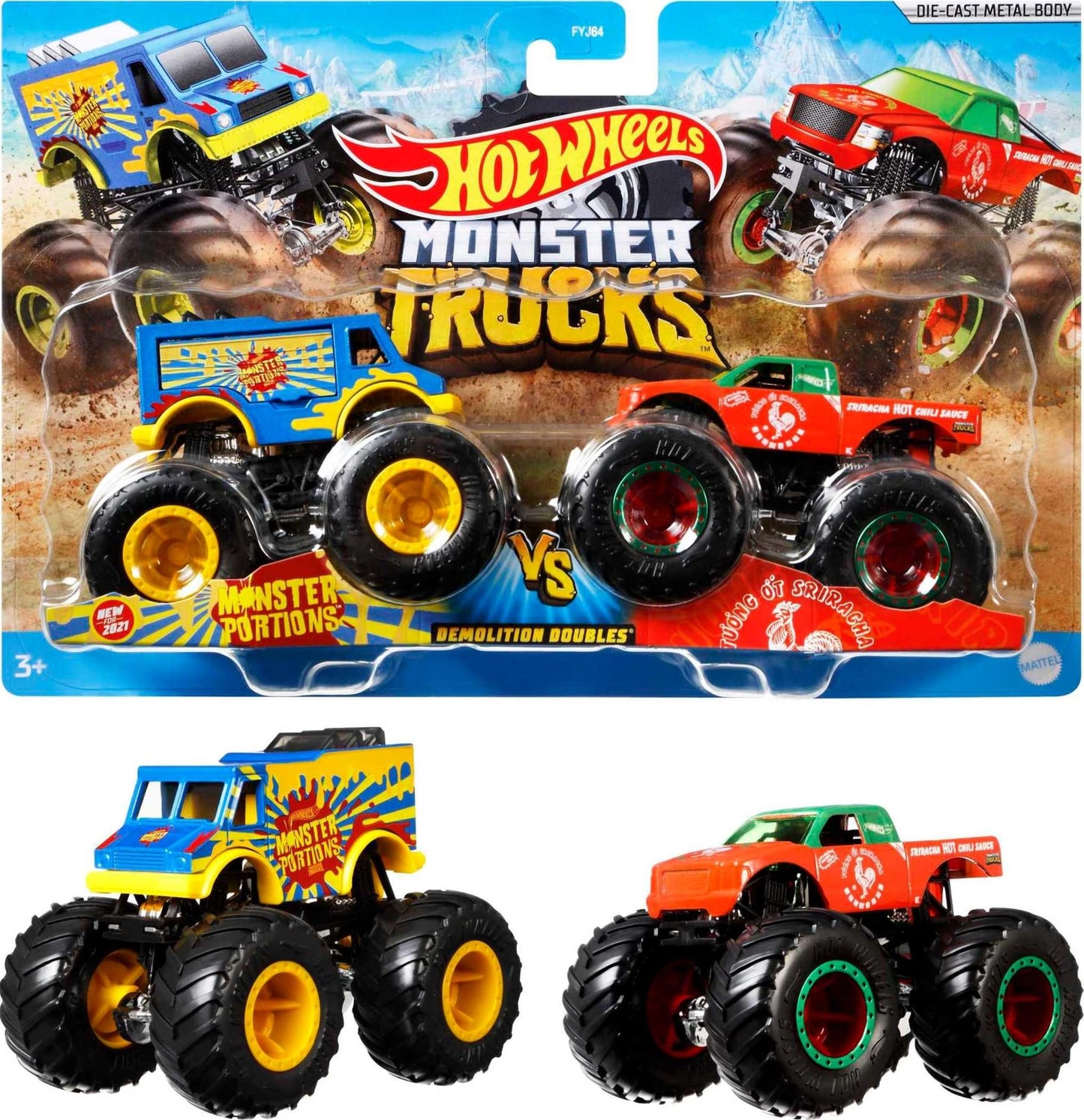Hot Wheels Monster Trucks 2-Pack, Demolition Doubles Set of 2 Toy Vehicles in 1:64 Scale, for Kids & Collectors (Styles May Vary)