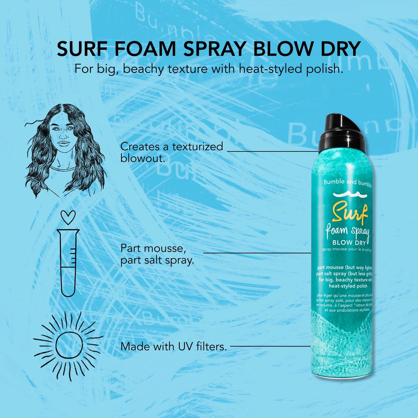 Bumble and bumble. Surf Foam Spray Blow Dry Hair Lightweight Mousse | Adds Texture + Hold | Wavy, Straight, 4 Ounce