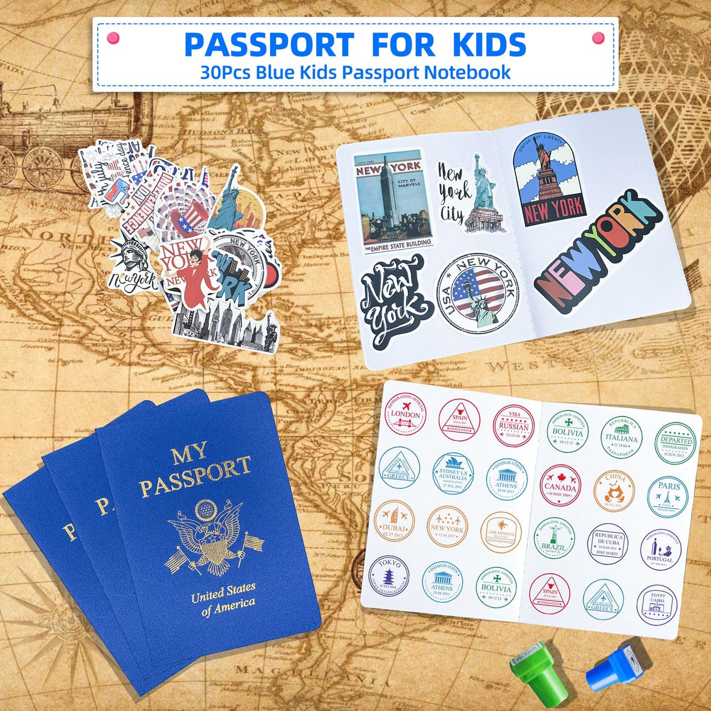 XIISVINT 30-Pc Blue Mini Passport Notebook Set – Blank Travel Journals with Stickers for Kids, School Projects, Pretend Play, Party Favors