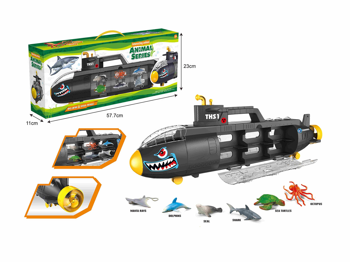 Boat Submarine Toy Shark Car Vehicle Toy W/ 6 Sea Animals and Storage Toys for 3, 4, 5, 6 7 Year Old Kids Boys Girls