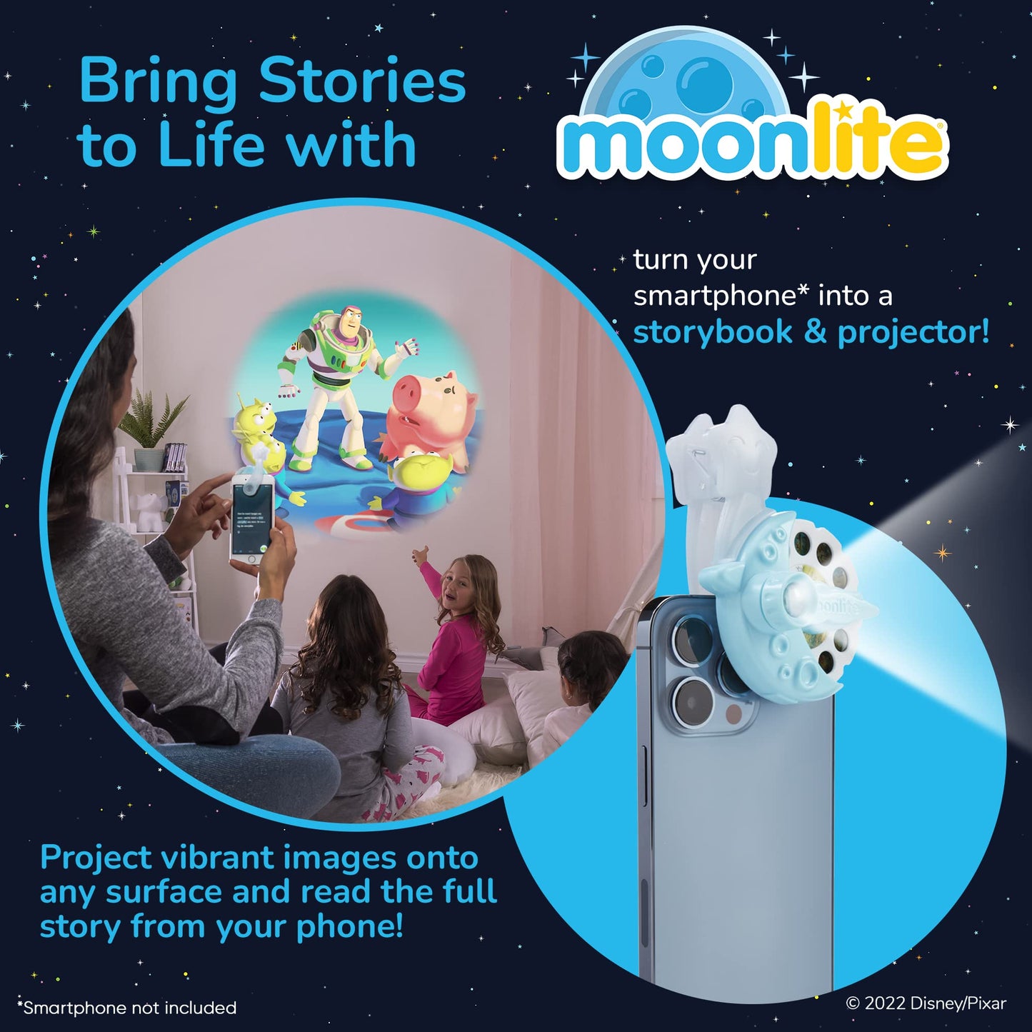 Moonlite Storytime Mini Projector with 4 Pixar Stories – Toy Story, Cars, Incredibles, Monsters Inc | Magical Reading, Sound Effects | Kids 1+