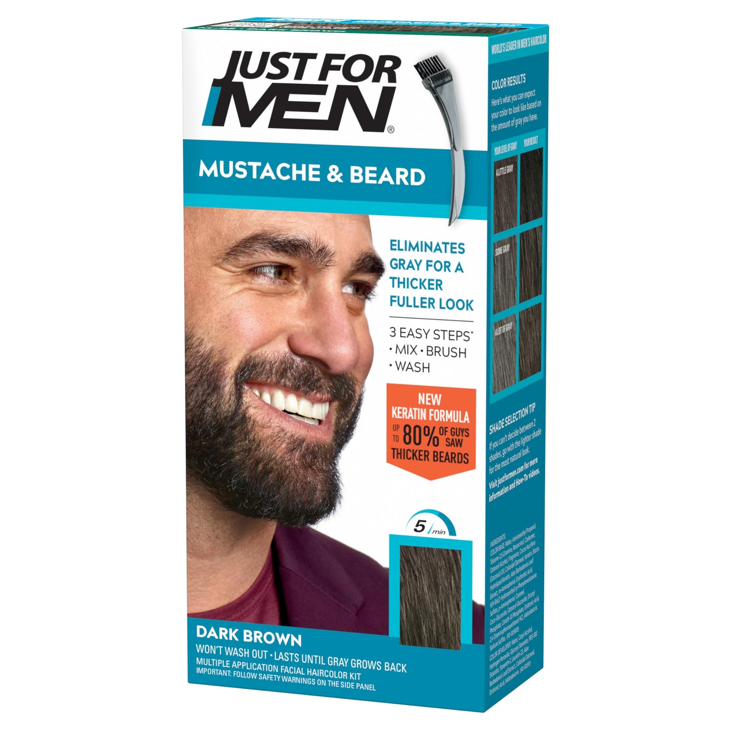 Just For Men Mustache & Beard Dye, Dark Brown M-45 – Beard Color for Men with Brush, Infused with Keratin, Biotin, Aloe & Coconut Oil, 1 Pack