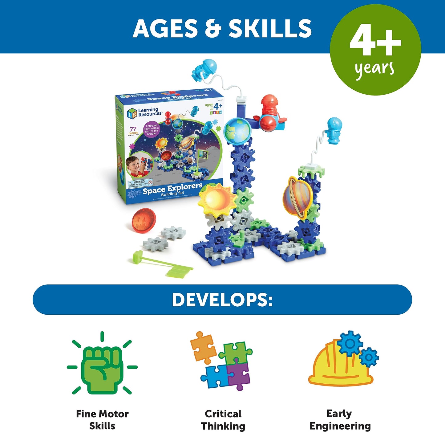 Learning Resources Gears! Gears! Gears! Space Explorers Building Set, 77 Pieces, Ages 4+, Gears & Construction Toy, STEM Toys, Gears for Kids