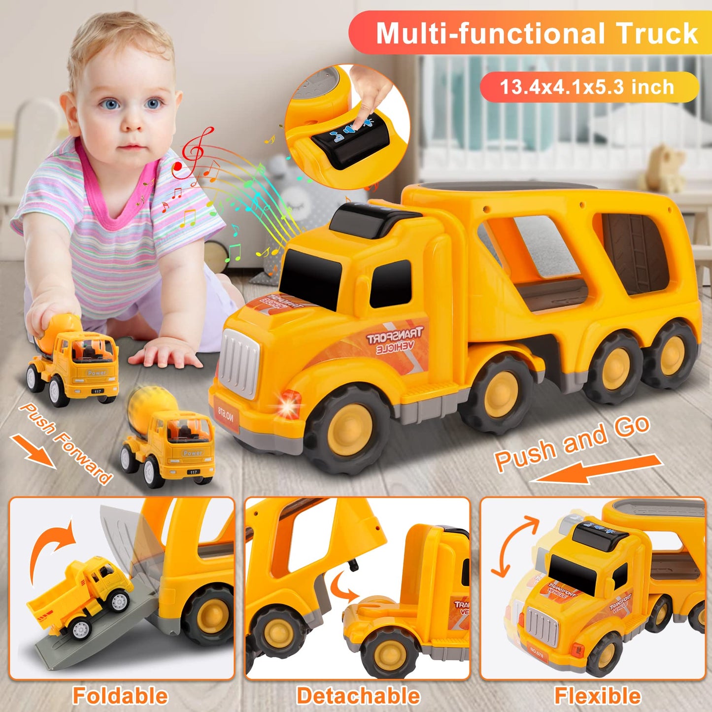Nicmore 5-in-1 Construction Truck Toddler Toy Car – Gifts for Boys Ages 1-4, Carrier Playset for Birthday & Christmas