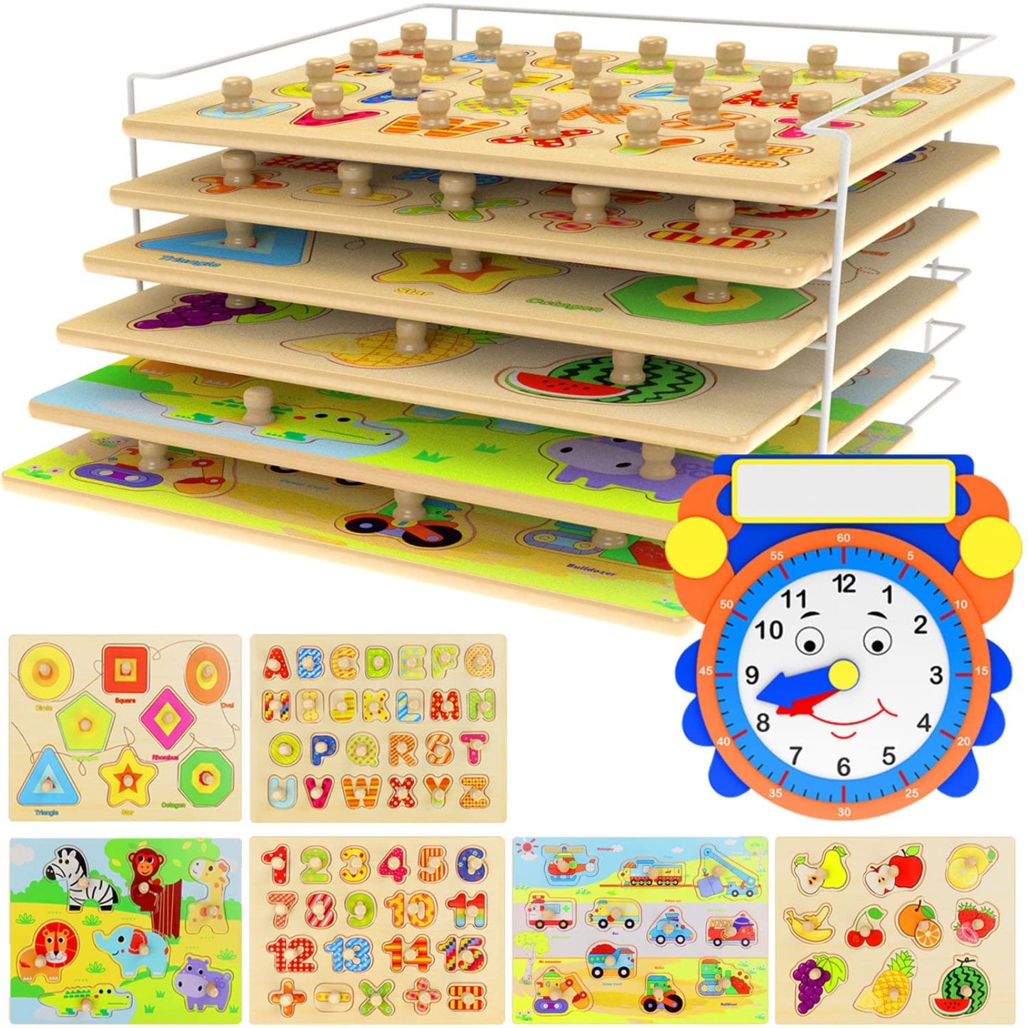 Premium Puzzles for Toddlers and Rack Set - (7 Pack) Includes 1 Learning Clock - 6 Alphabet, Numbers, Shapes, Animals, Cars, Fruits Puzzles