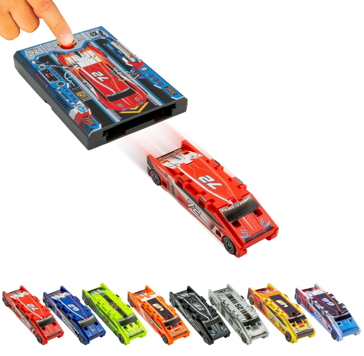 FLAT 2 FAST Stunt Card Racer – Pocket-Size Flat Car Launcher with Button for Stunt Racing, Compact Red Racecar Toy for Kids & Adults
