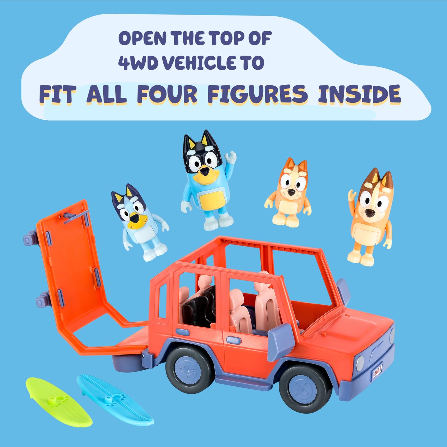 Bluey Heeler 4WD Family Toddler Toy Car with 4 Figures, Surfboards and Sticker Sheet, Pretend Play, Toys for Kids Ages 3+, Amazon Exclusive