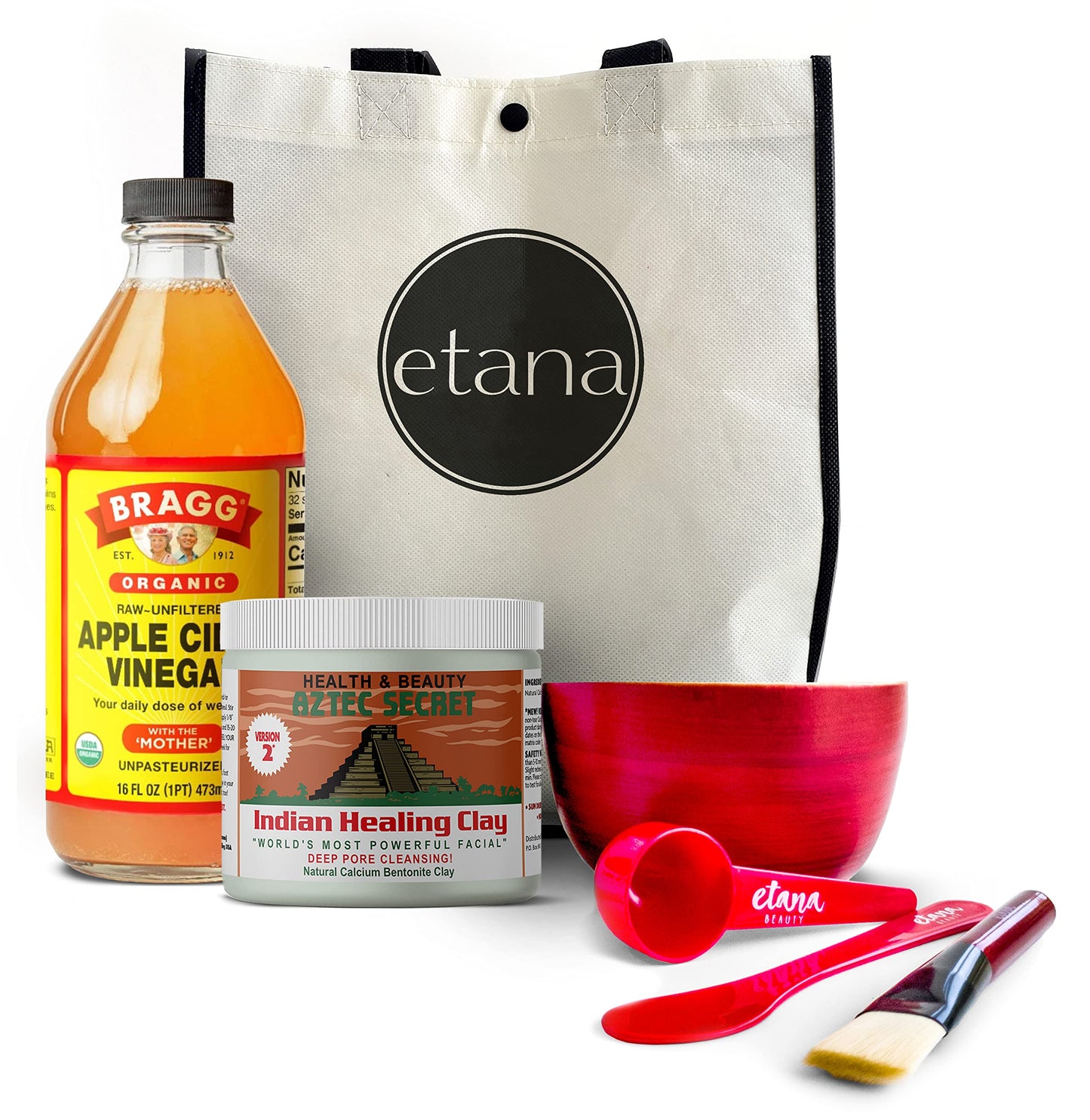 Aztec Secret Premium Clay Mask Kit by Etana Beauty – 1lb Indian Healing Clay, 16oz ACV, Bamboo Bowl, Brush, Scoop & Tote