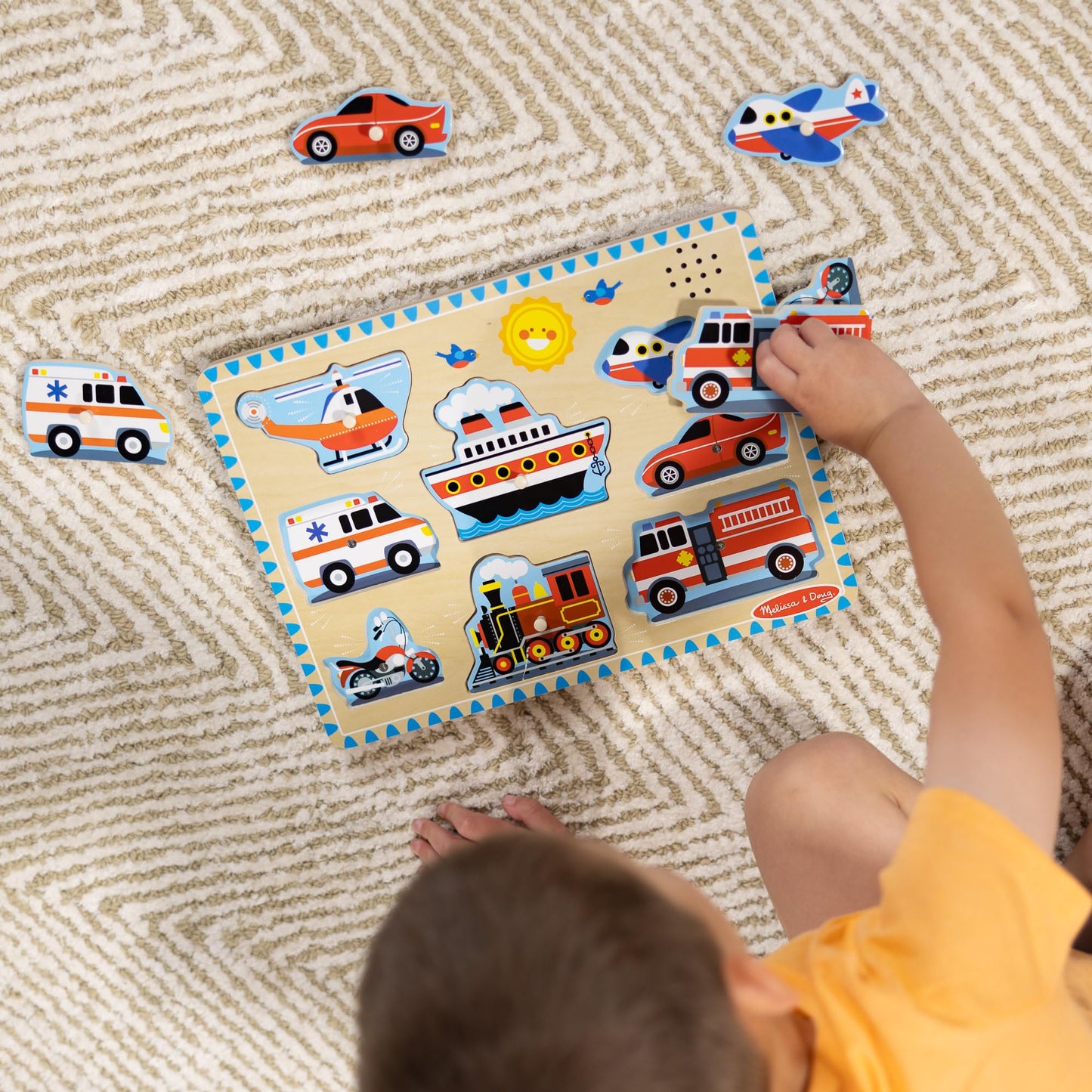 Melissa & Doug Vehicles Sound Puzzle – 8-Piece Wooden Peg Puzzle with Light-Activated Sounds, Music Learning Toy for Toddlers and Preschoolers Ages 2+