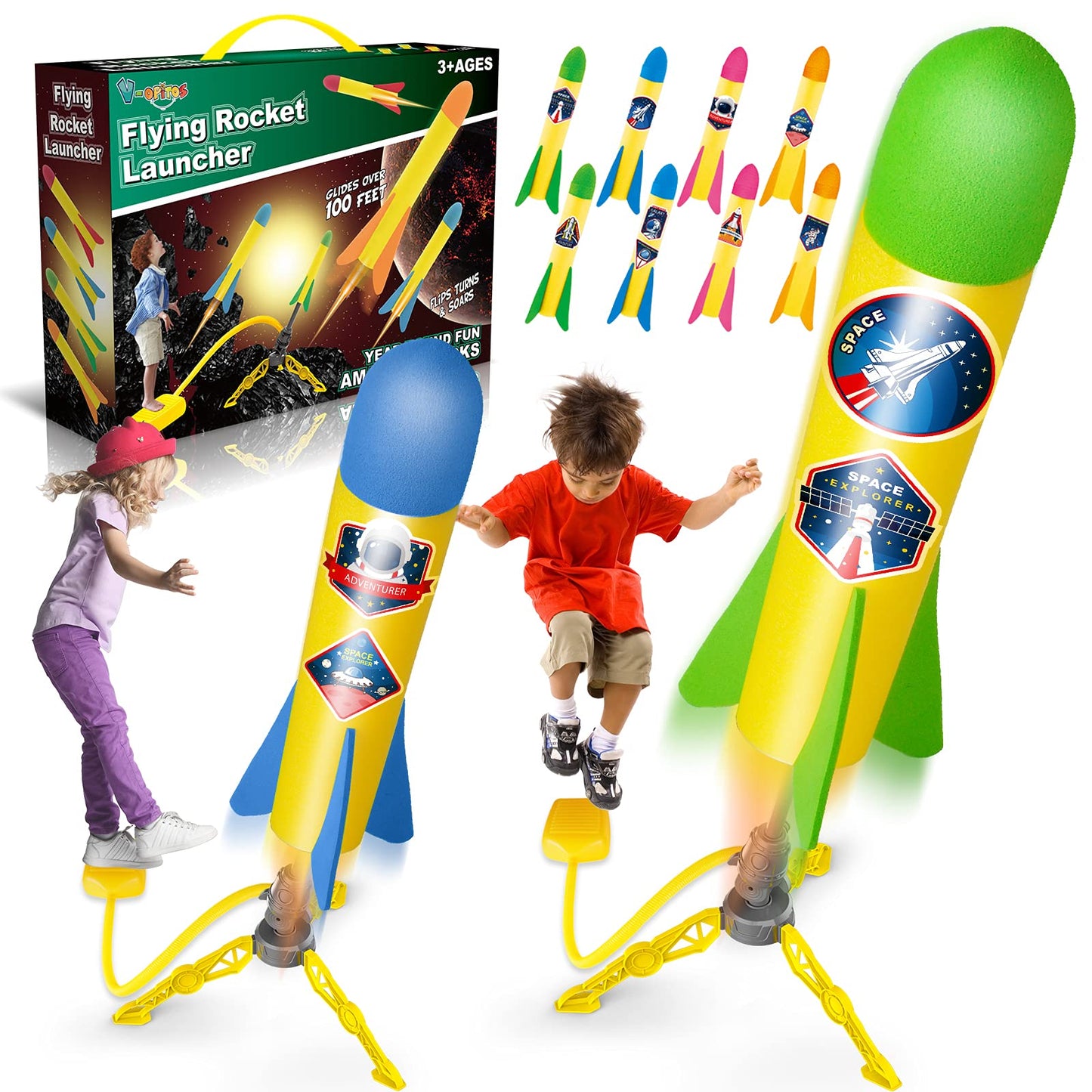 V-Opitos 2-Pack Rocket Launchers Toy for Kids 3-8 Years with 8 Colorful Foam Rockets – Outdoor Fun, Birthday & Christmas Gift