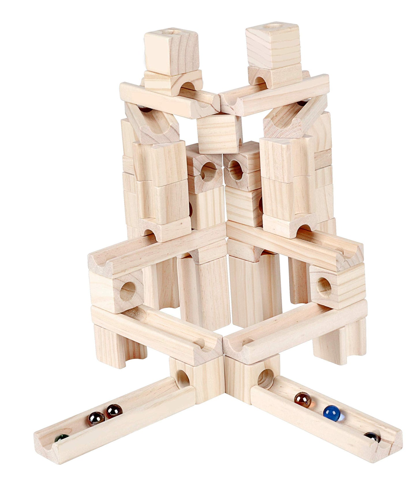 Wooden Marble Run STEM Toy for Kids 4-8 – 60+ Expandable Building Blocks with Glass Marbles & Guide – Safe Birchwood Construction, ASTM Certified