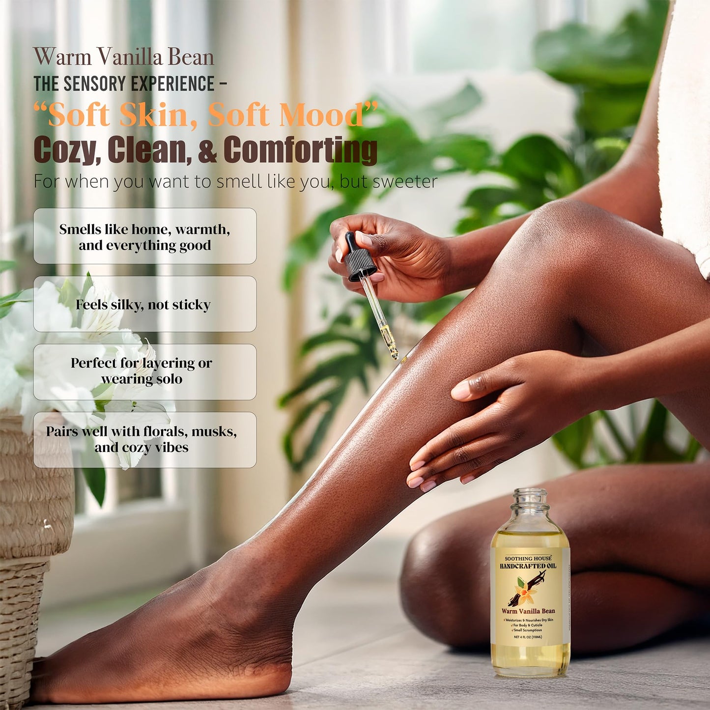 Soothing House Warm Vanilla Bean Body Oil - Moisturizing Body Oil for Soft, Glowing Skin with Almond & Jojoba Oil (4 fl oz)