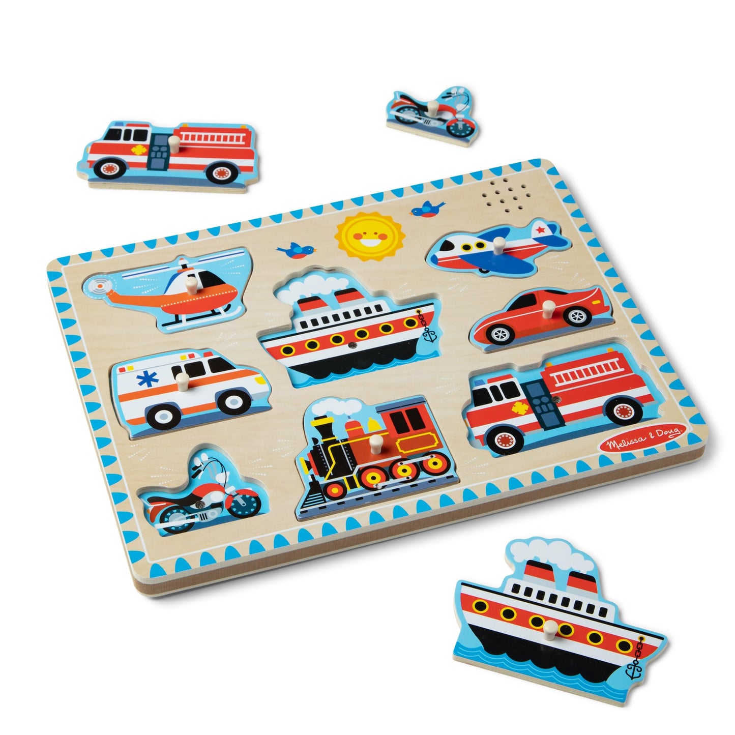 Melissa & Doug Vehicles Sound Puzzle – 8-Piece Wooden Peg Puzzle with Light-Activated Sounds, Music Learning Toy for Toddlers and Preschoolers Ages 2+