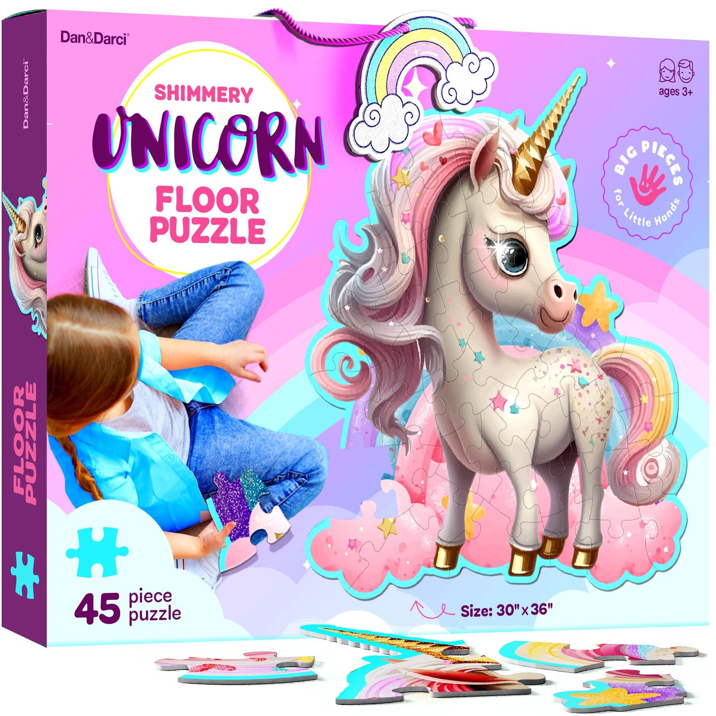 Dan&Darci Jumbo 45-Piece Shimmery Unicorn Floor Puzzle for Kids Ages 3-6 – Large Toddler Puzzle, Easter & Birthday Gift for Girls