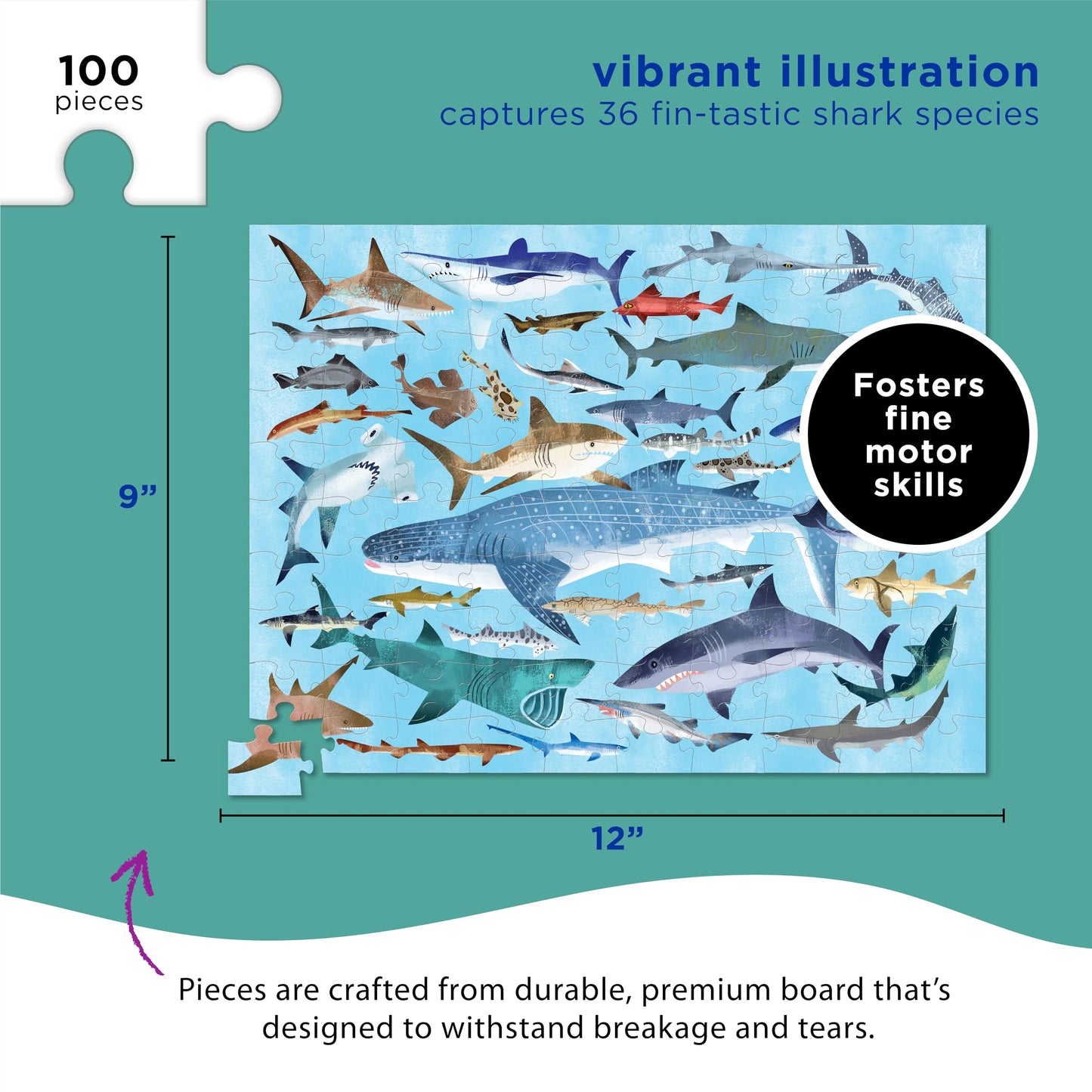 Crocodile Creek 100-Piece Jigsaw Puzzle – Sharks Theme for Kids 5+, Educational Table & Floor Puzzle with Storage Canister, 14"x19"