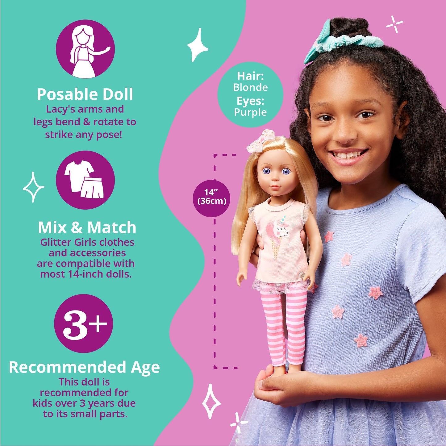 Glitter Girls 14" Fashion Doll – Blonde Hair, Blue Eyes, Pink Tunic, Striped Leggings, Hair Bow & Ballet Shoes – For Girls 3+