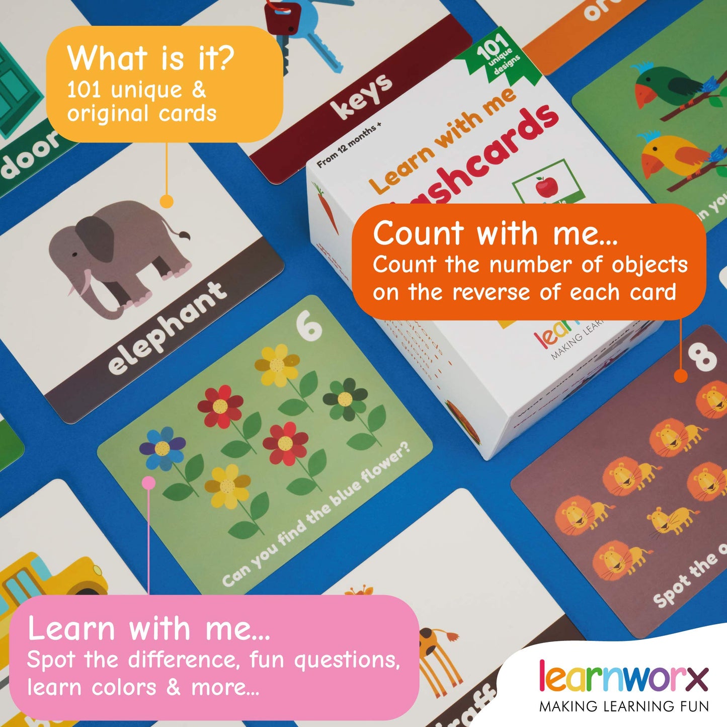 LearnWorx 101 Baby Flash Cards for Toddlers 1-3 | First Words, Numbers & Objects | Award-Winning Learning & Speech Development Toys