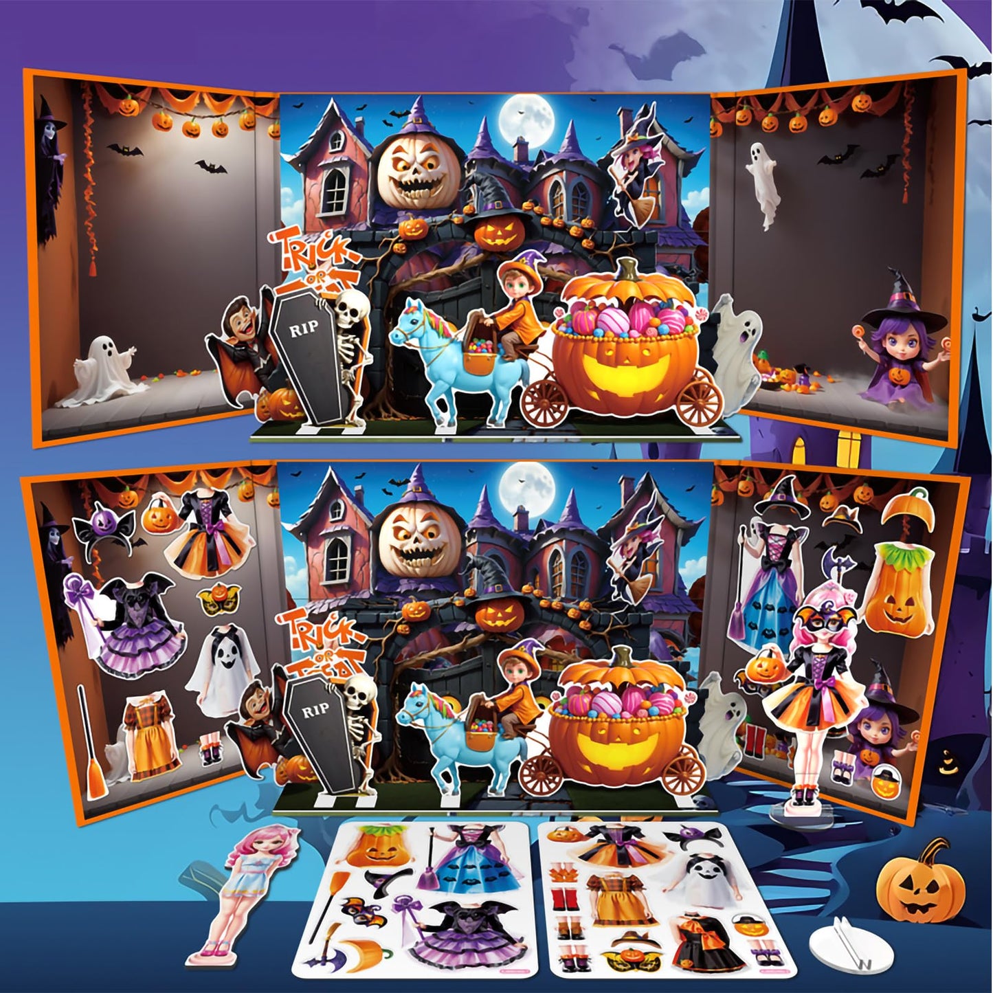Halloween Magnetic Dress-Up Dolls for Kids β Witch & Pumpkin Fairy Costumes with 3D Haunted House Scene, Travel Toy Gift Ages 3-7