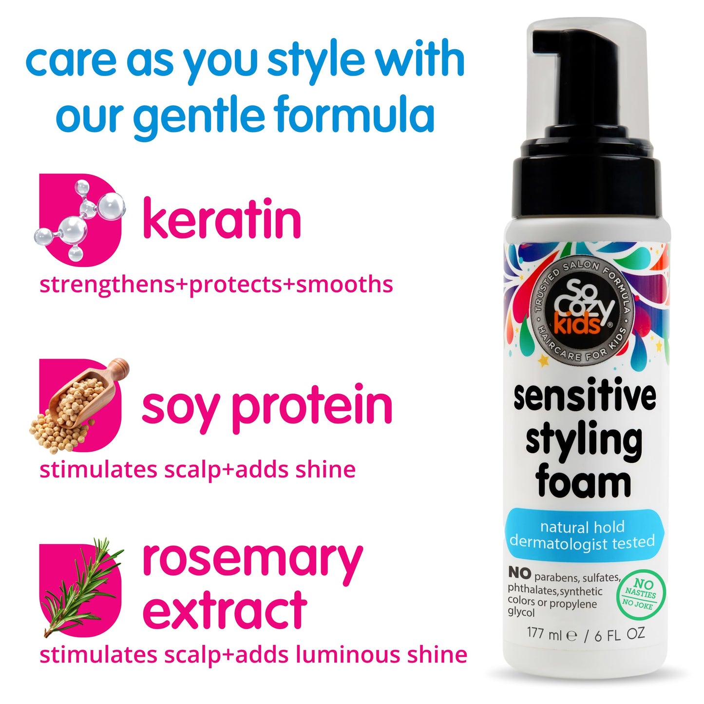 So Cozy Kids Sensitive Styling Foam - Sensitive Foam For Kids w/Straight or Curly Hair - Gentle Natural Hold Styler, Rosemary (6 fl oz)