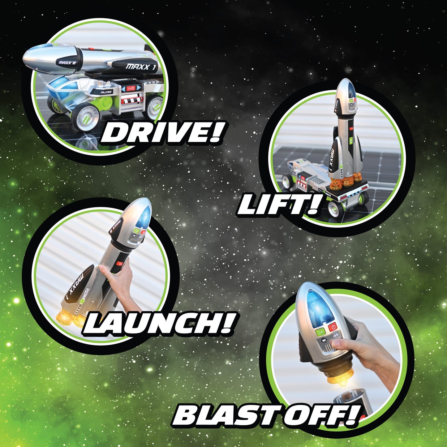 Sunny Days Maxx Action 3-in-1 Blast Off Booster Rocket Toy with Lights, Sounds & Motorized Drive – Includes Vehicle, Rocket & Capsule