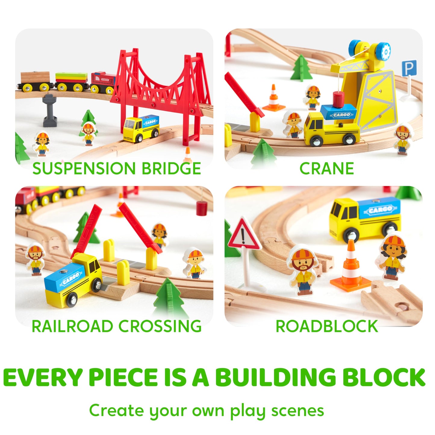 60PCS Wooden Train Set - Construction Express Railway with Magnetic Crane, Trains & Accessories, Fun Birthday & Christmas Gift for Kids 2-8