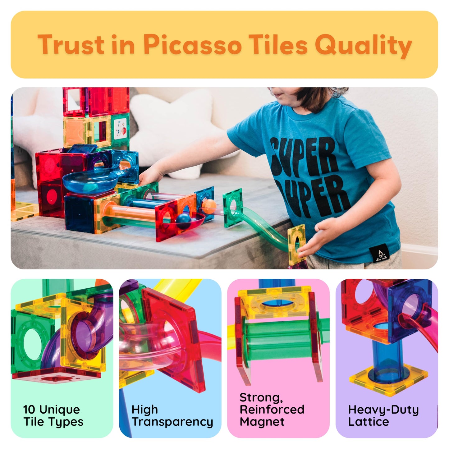 PicassoTiles 70pc Marble Run Magnetic Tiles STEM Set for Kids 3+ | Educational Brain-Boosting Building Blocks & Maze Playset PTG70
