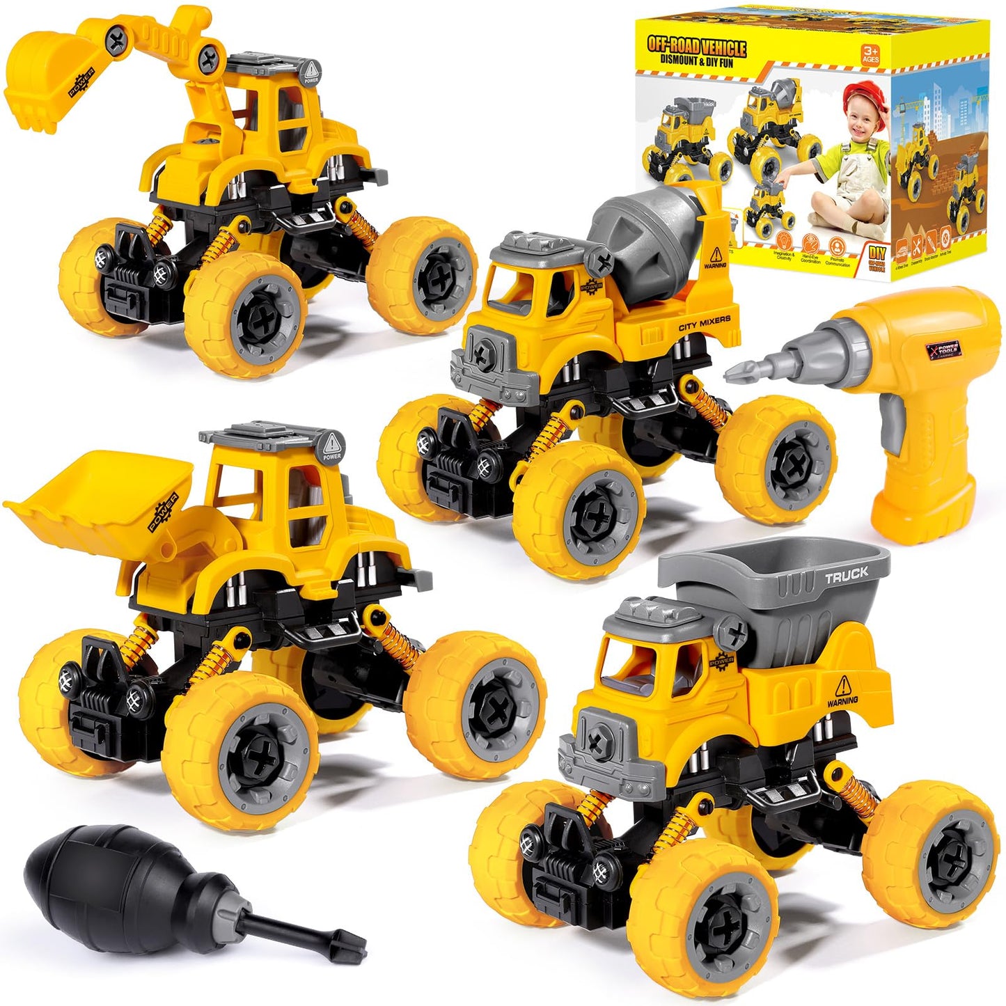 LUDILO 4PCS Take Apart Toys with Electric Drill – DIY Construction Trucks for Kids 3-8, STEM Learning, Educational Gift for Boys & Girls