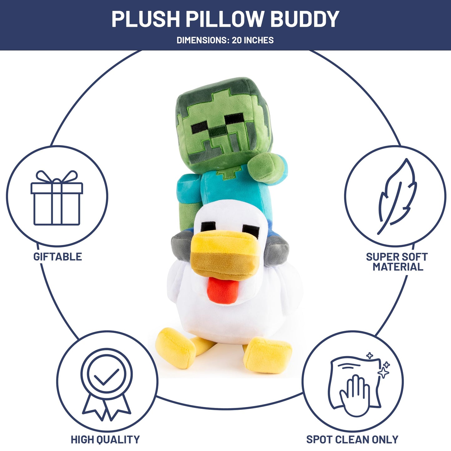 Jay Franco Minecraft Plush Pillow Buddy - Soft Plushie Stuffed Pillow, 20 Inches, Gray - Chicken Jockey