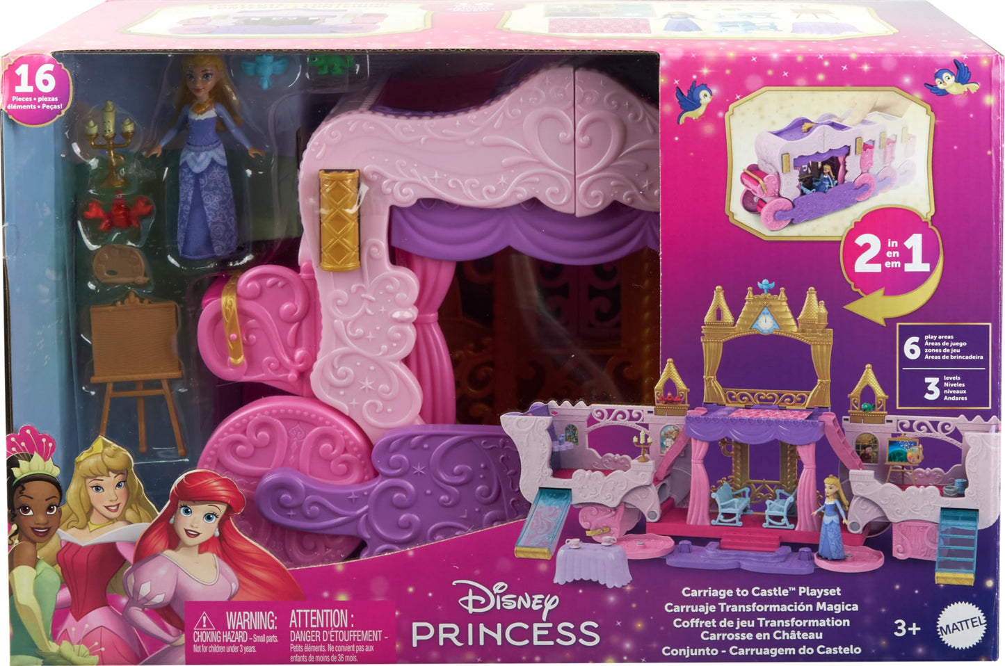 Mattel Disney Princess Toys, Carriage to Castle Transforming Playset with Aurora Small Doll, 4 Figures, Furniture & Accessories