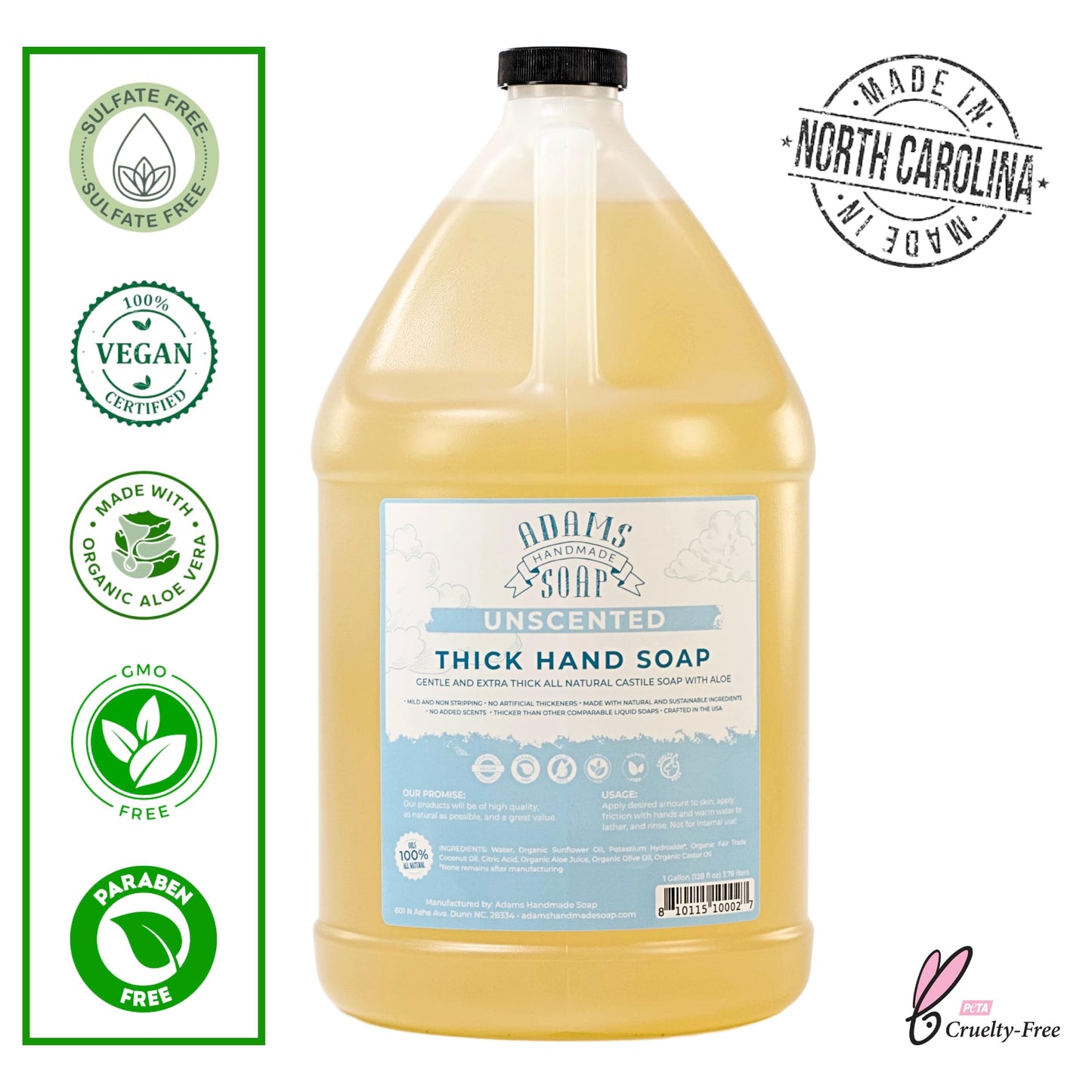 Adams Handmade Soap Thick Organic Castile Liquid Hand Soap 1 Gallon Refill- Unscented
