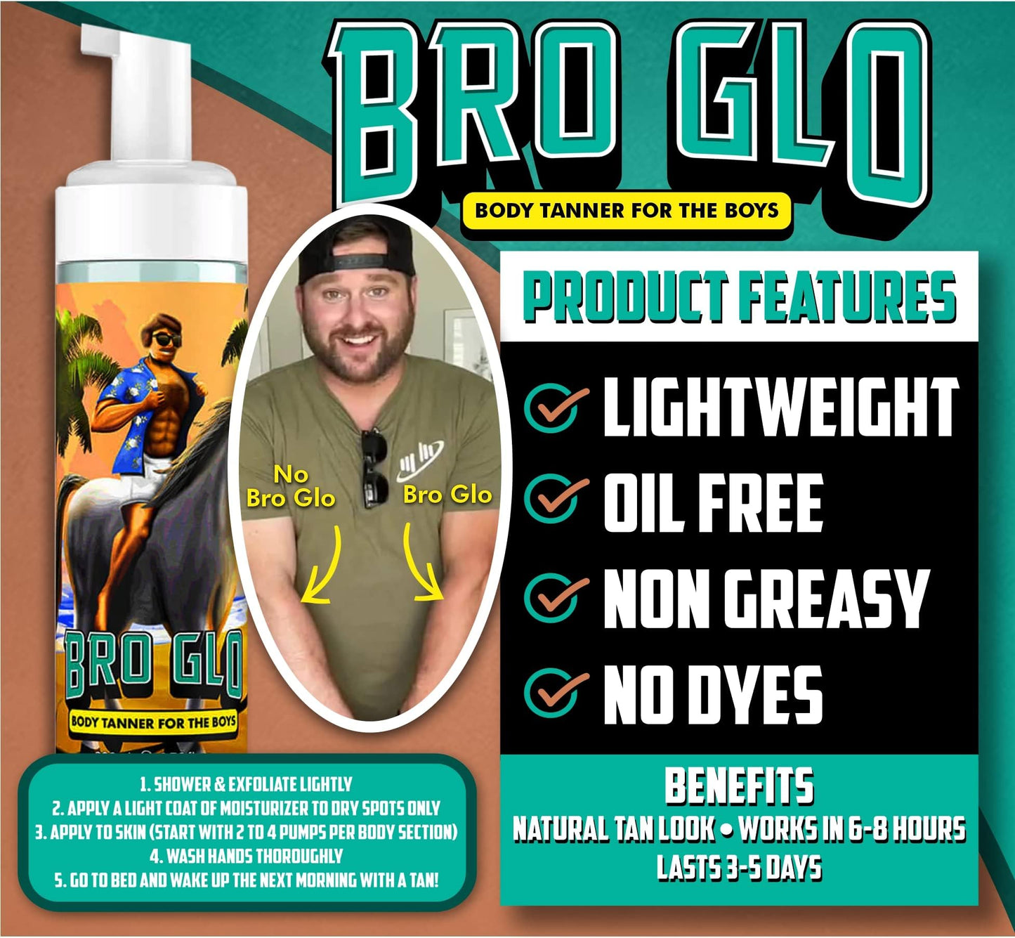 Bro Glo Self Tanner for Men – Quick Foam Mousse, Oil-Free, Water-Based, Fast-Drying, Natural Sun-Kissed Bronze, 6.76 fl oz