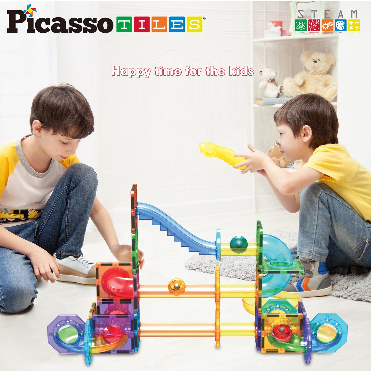 PicassoTiles Marble Run 60-Piece Magnetic Building Blocks Set – STEM Educational Construction Toy for Kids, Brain & Hand-Eye Skill Development