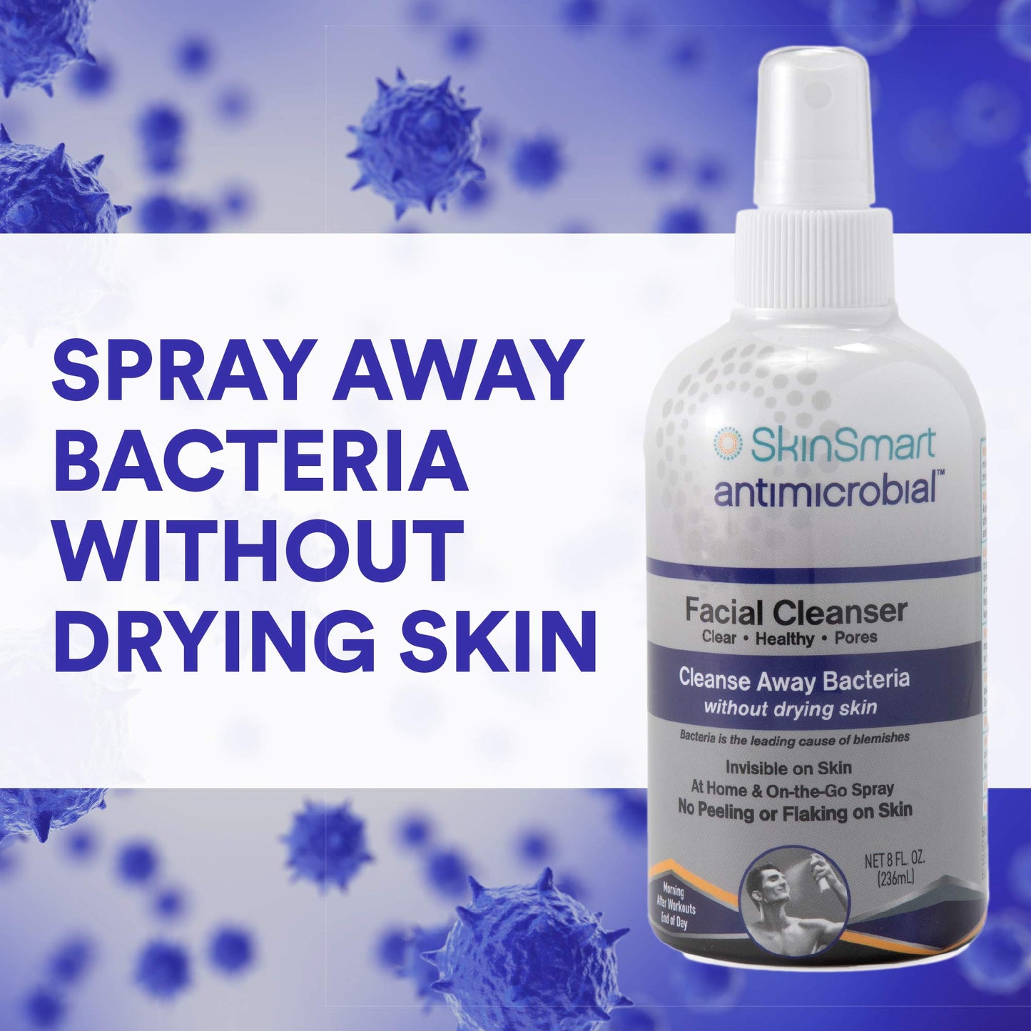 SkinSmart Facial Cleanser Spray for Breakouts - Fights Bacteria, Pimples & Sweat Irritation, Safe for Teens & Adults, 8 oz